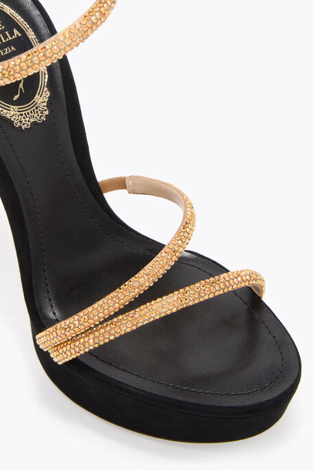 MARGOT BLACK AND GOLD PLATFORM SANDAL 130