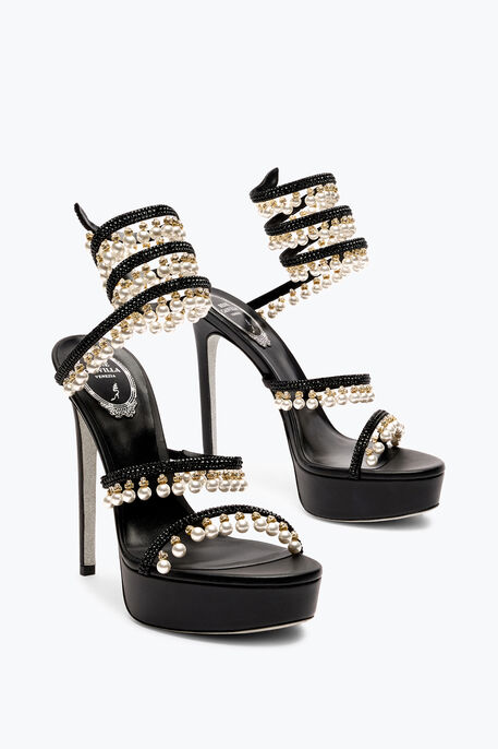 CHANDELIER BLACK PLATFORM SANDAL WITH PEARLS 130
