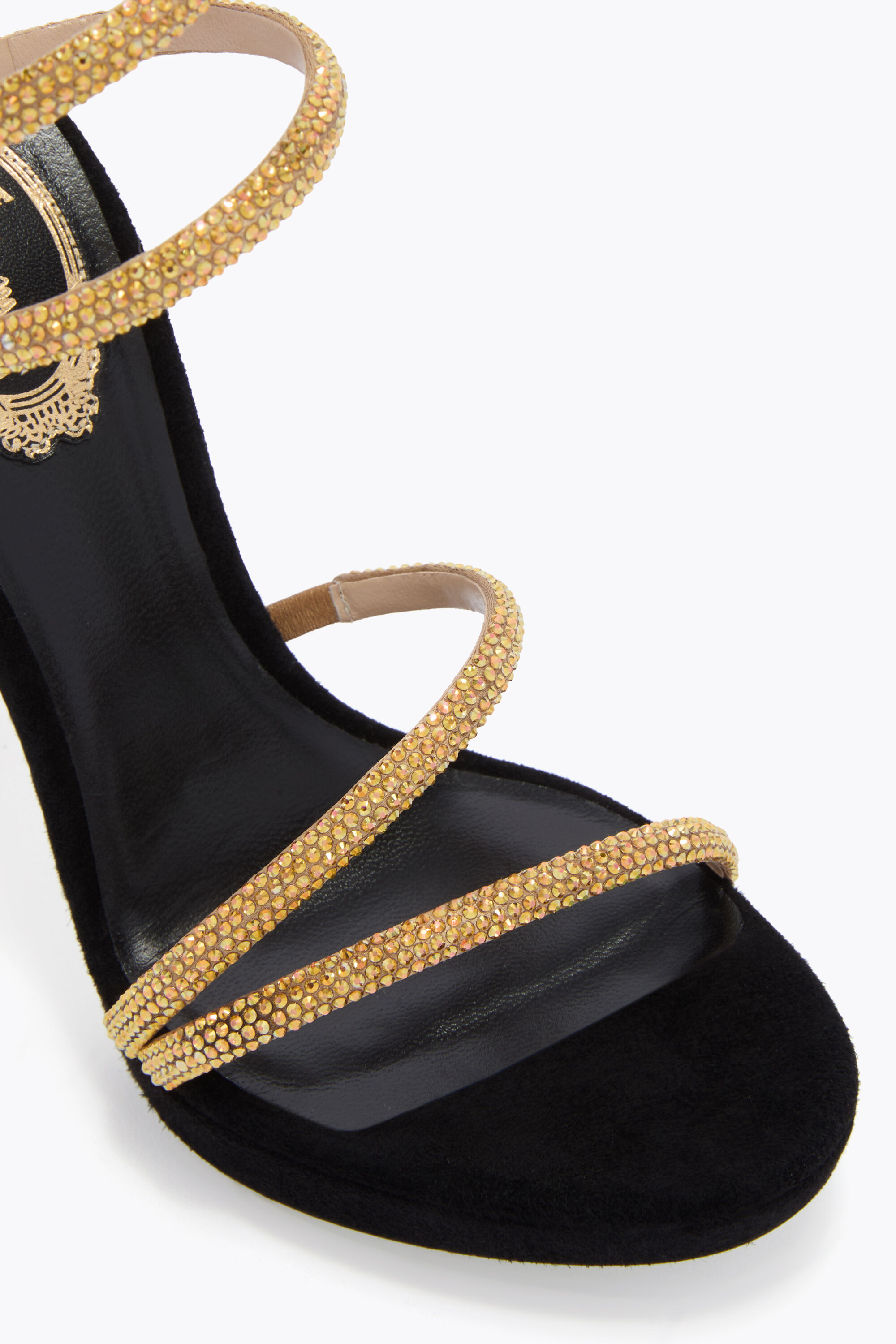 Jeweled MARGOT CRYSTAL BLACK & GOLD PLATFORM SANDAL 120 | Rene