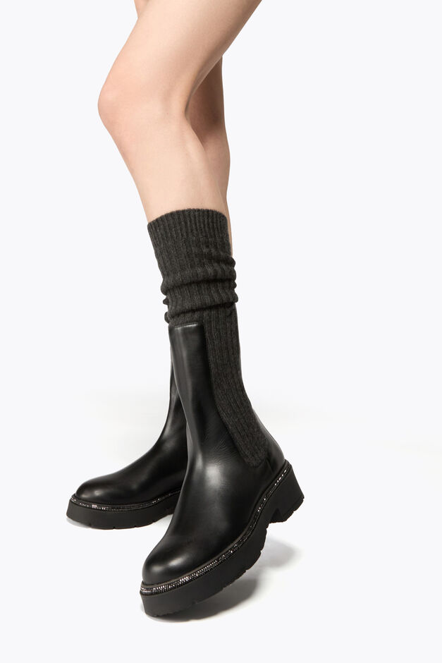 BIKA LEATHER AND CASHMERE BLACK ANKLE BOOT WITH CRYSTALS 50
