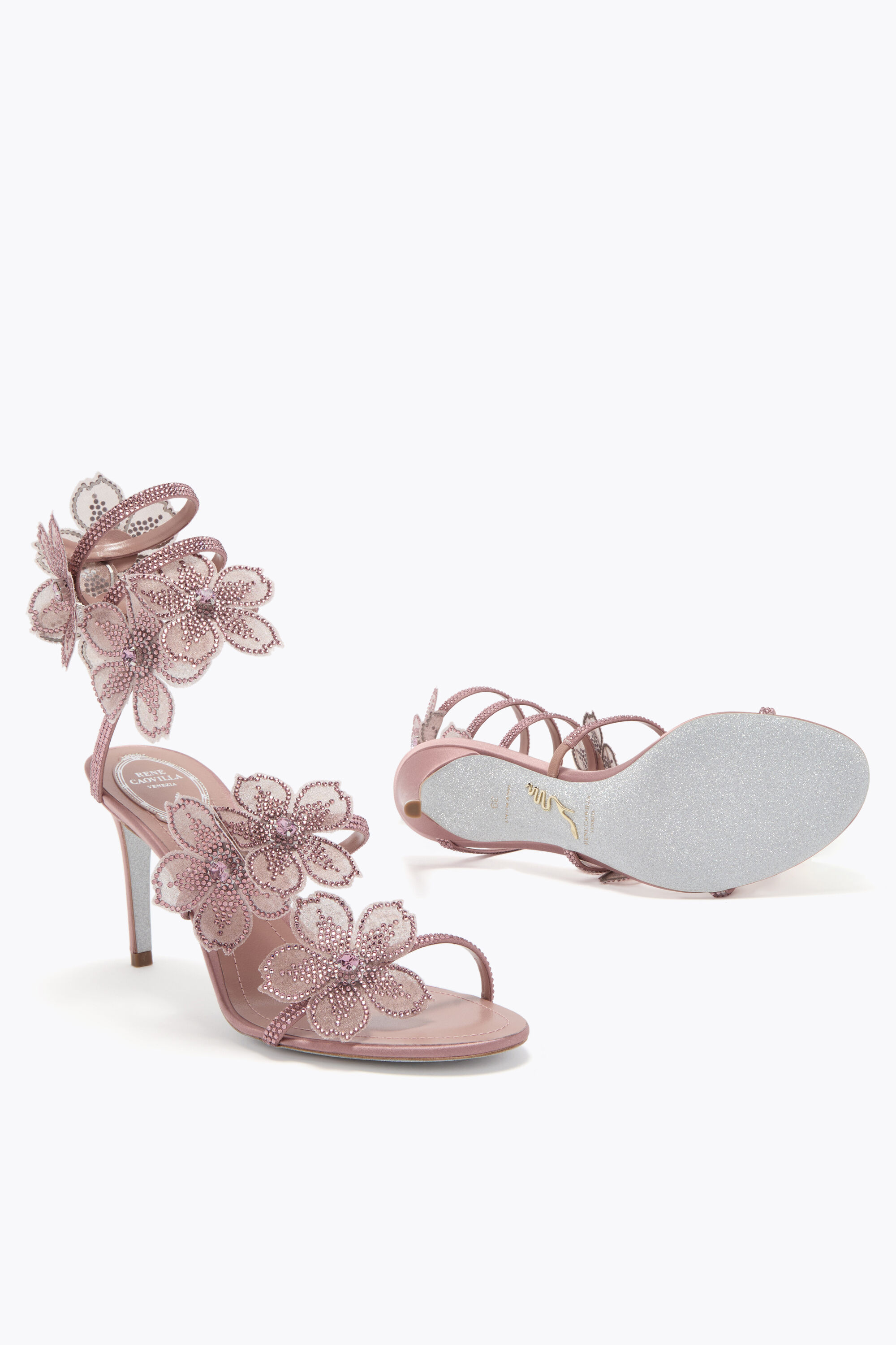 Jeweled PEACH FLOWER BLUSH PINK SANDAL 80 | Rene Caovilla®