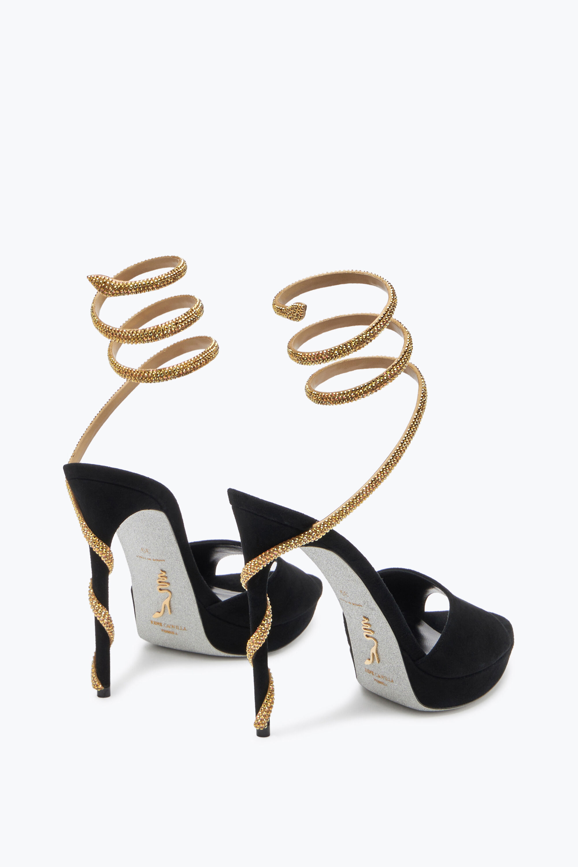 Jeweled Margot Black Suede And Gold Platform Sandal 120