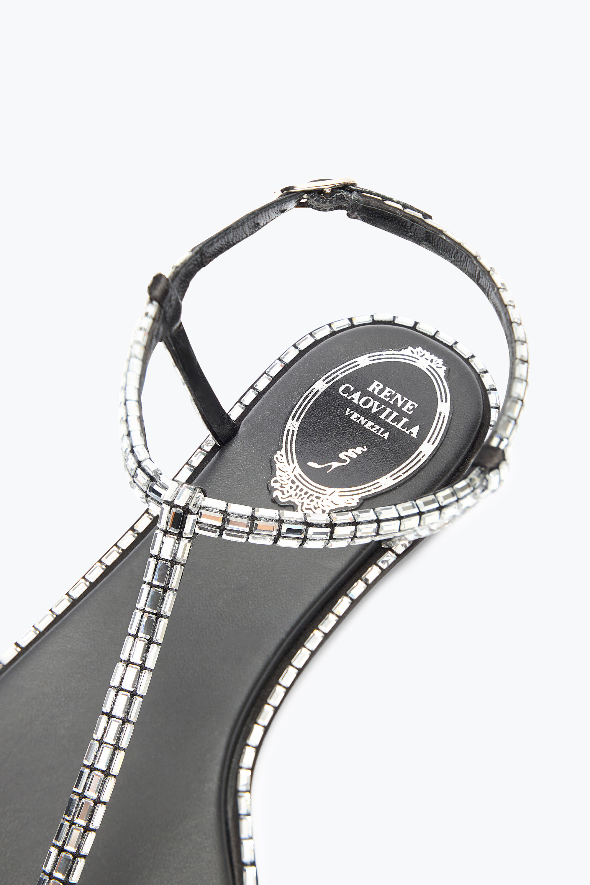 Jeweled DIANA BLACK SANDAL WITH CRYSTAL BAGUETTE | Rene Caovilla®