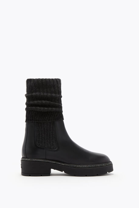 BIKA LEATHER AND CASHMERE BLACK ANKLE BOOT WITH CRYSTALS 50