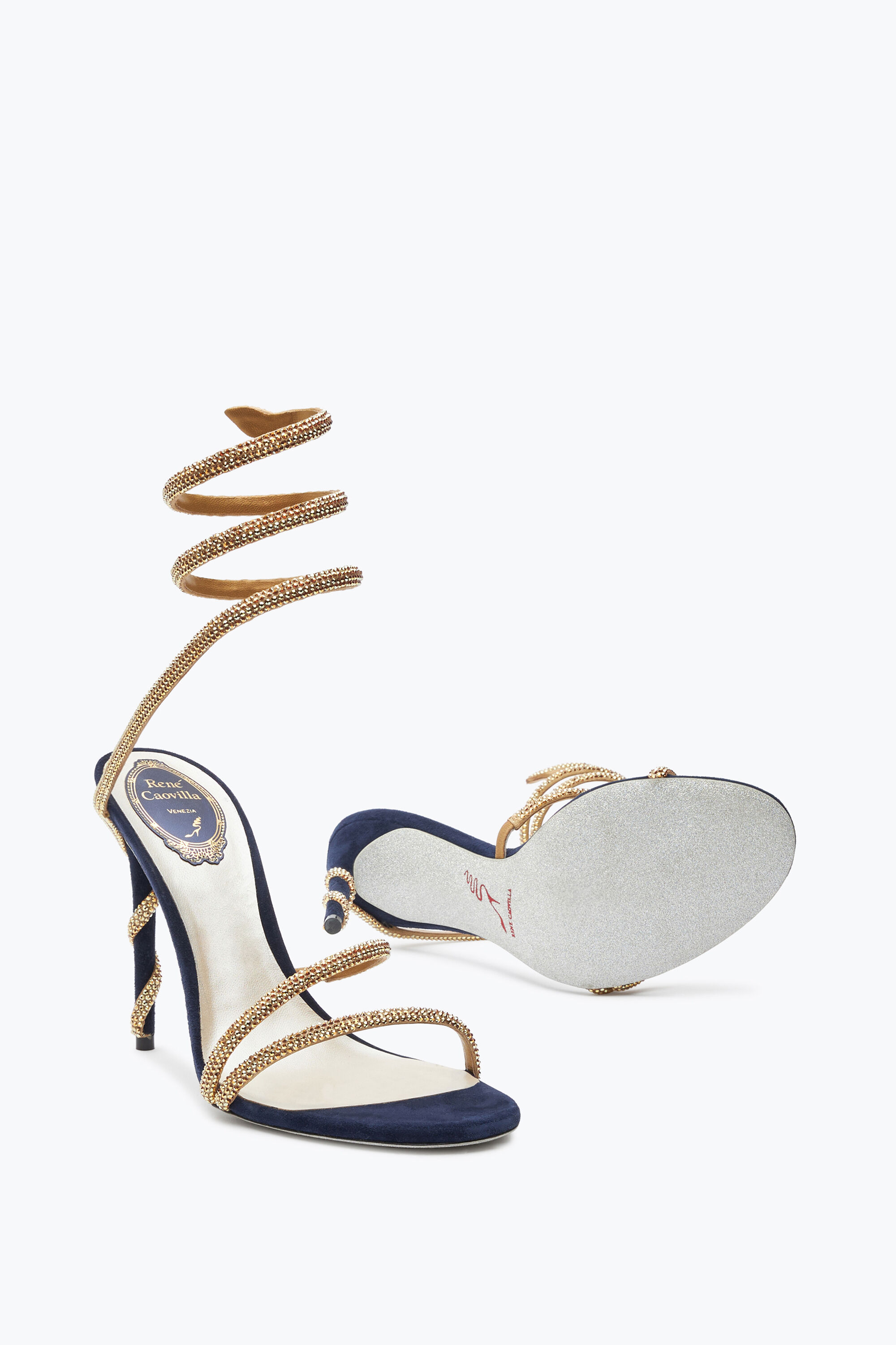 Jeweled Margot Crystal Blue-Gold Sandal 105 | Rene Caovilla®