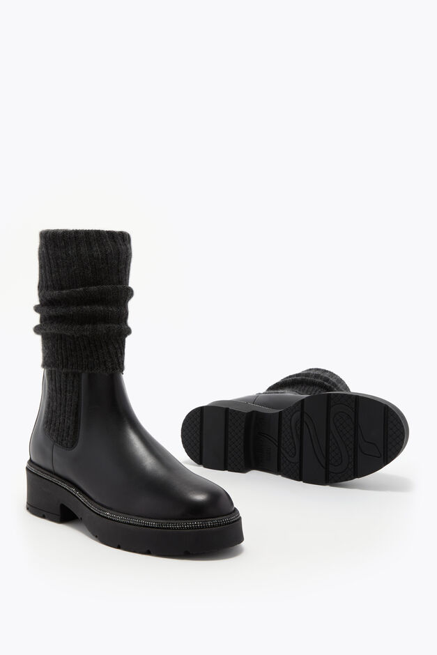 BIKA LEATHER AND CASHMERE BLACK ANKLE BOOT WITH CRYSTALS 50