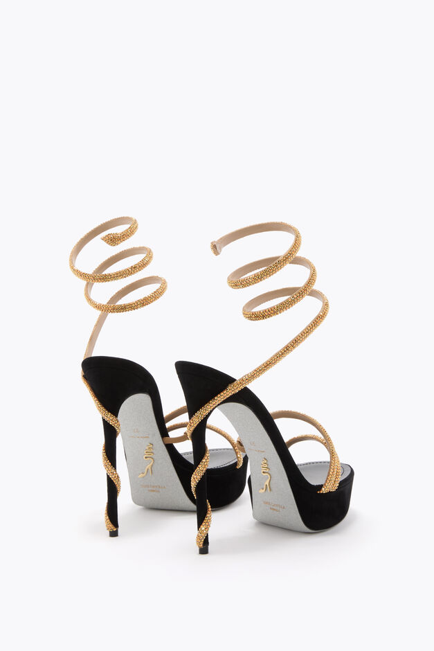 MARGOT BLACK AND GOLD PLATFORM SANDAL 130