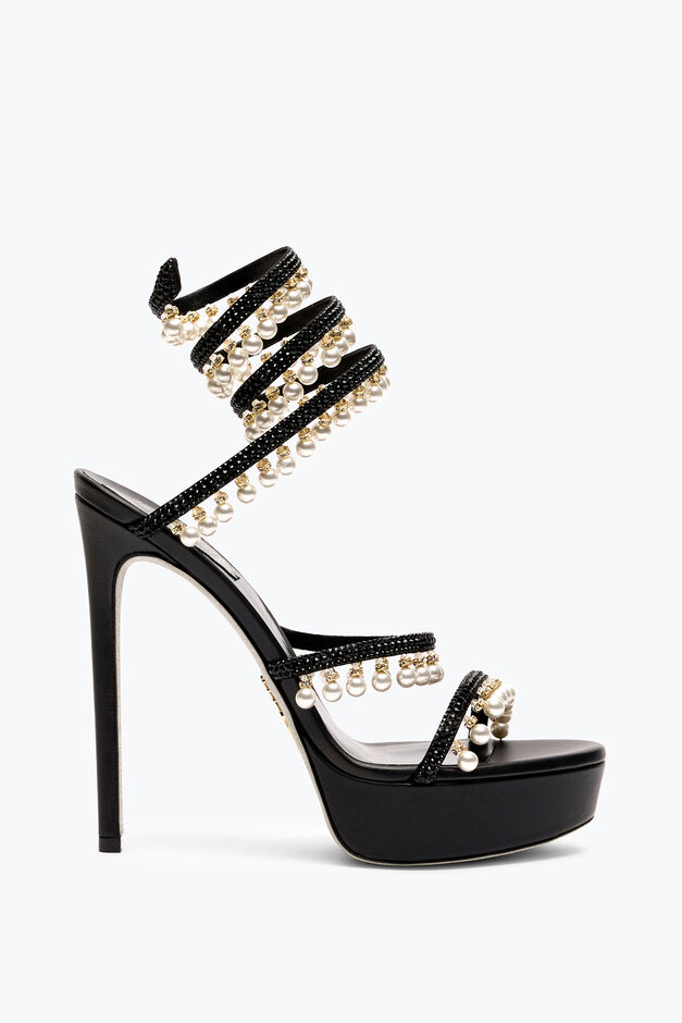 CHANDELIER BLACK PLATFORM SANDAL WITH PEARLS 130