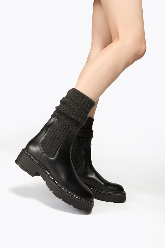 BIKA LEATHER AND CASHMERE BLACK ANKLE BOOT WITH CRYSTALS 50