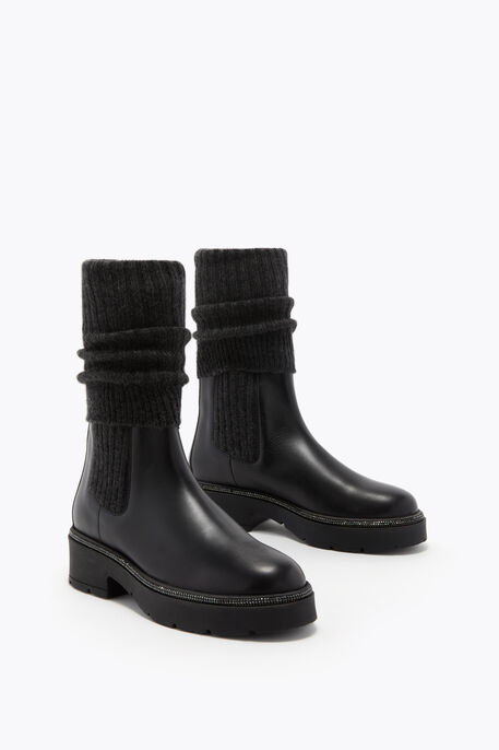 BIKA LEATHER AND CASHMERE BLACK ANKLE BOOT WITH CRYSTALS 50