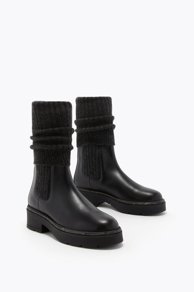 BIKA LEATHER AND CASHMERE BLACK ANKLE BOOT WITH CRYSTALS 50