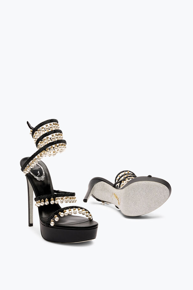 CHANDELIER BLACK PLATFORM SANDAL WITH PEARLS 130