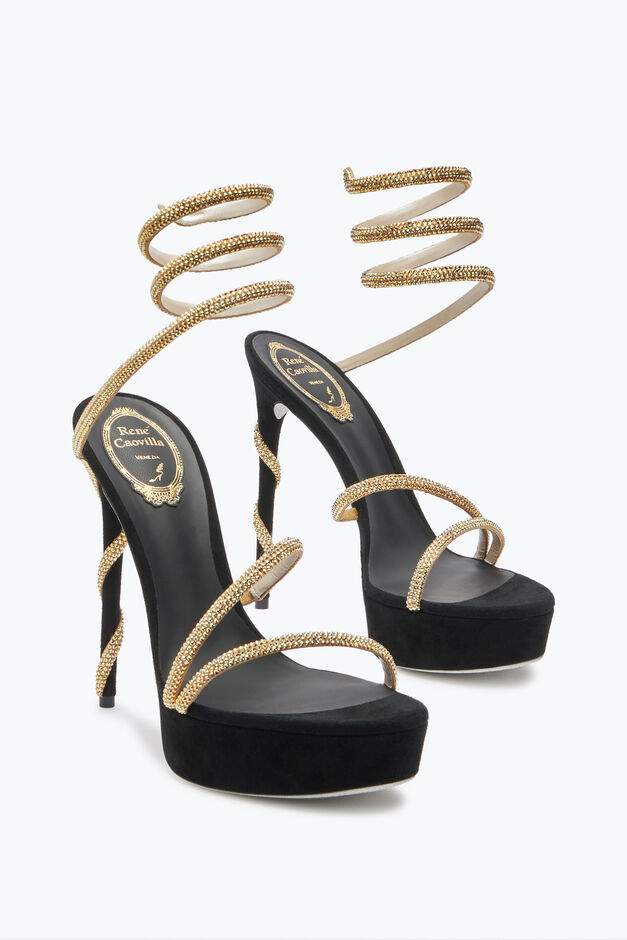 MARGOT CRYSTAL BLACK-GOLD PLATFORM SANDAL 130