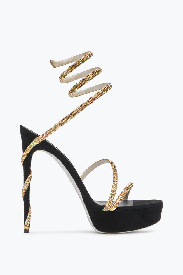 MARGOT CRYSTAL BLACK-GOLD PLATFORM SANDAL 130