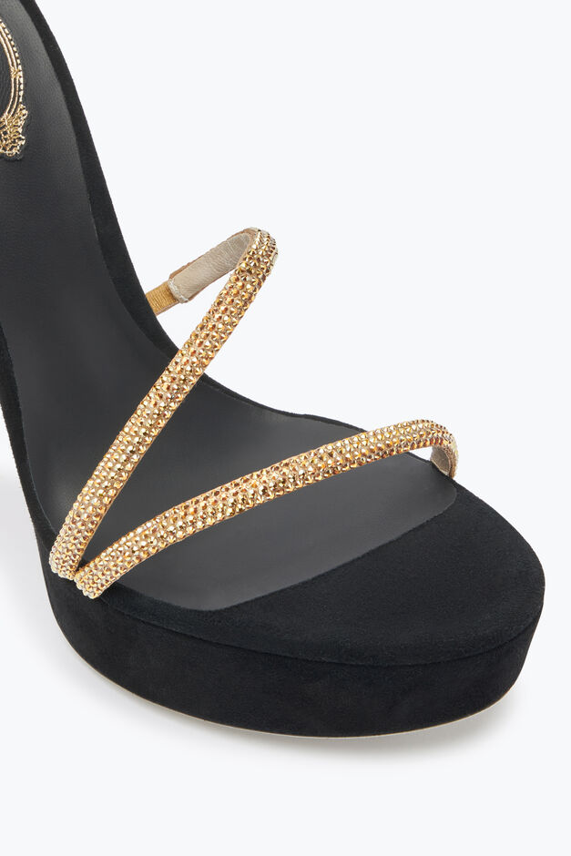 MARGOT CRYSTAL BLACK-GOLD PLATFORM SANDAL 130