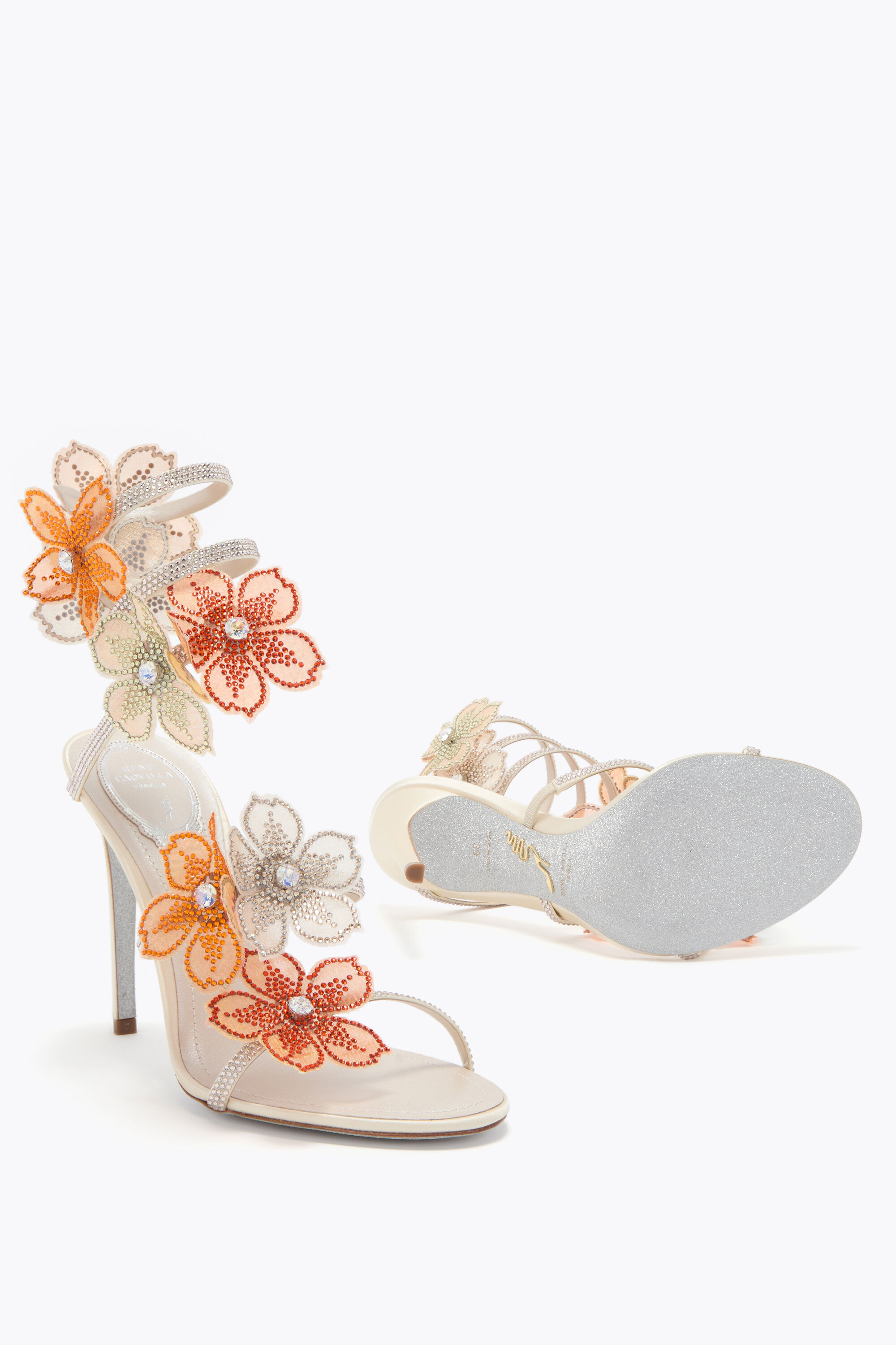 Jeweled PEACH FLOWER IVORY AND ORANGE SANDAL 105 | Rene Caovilla®