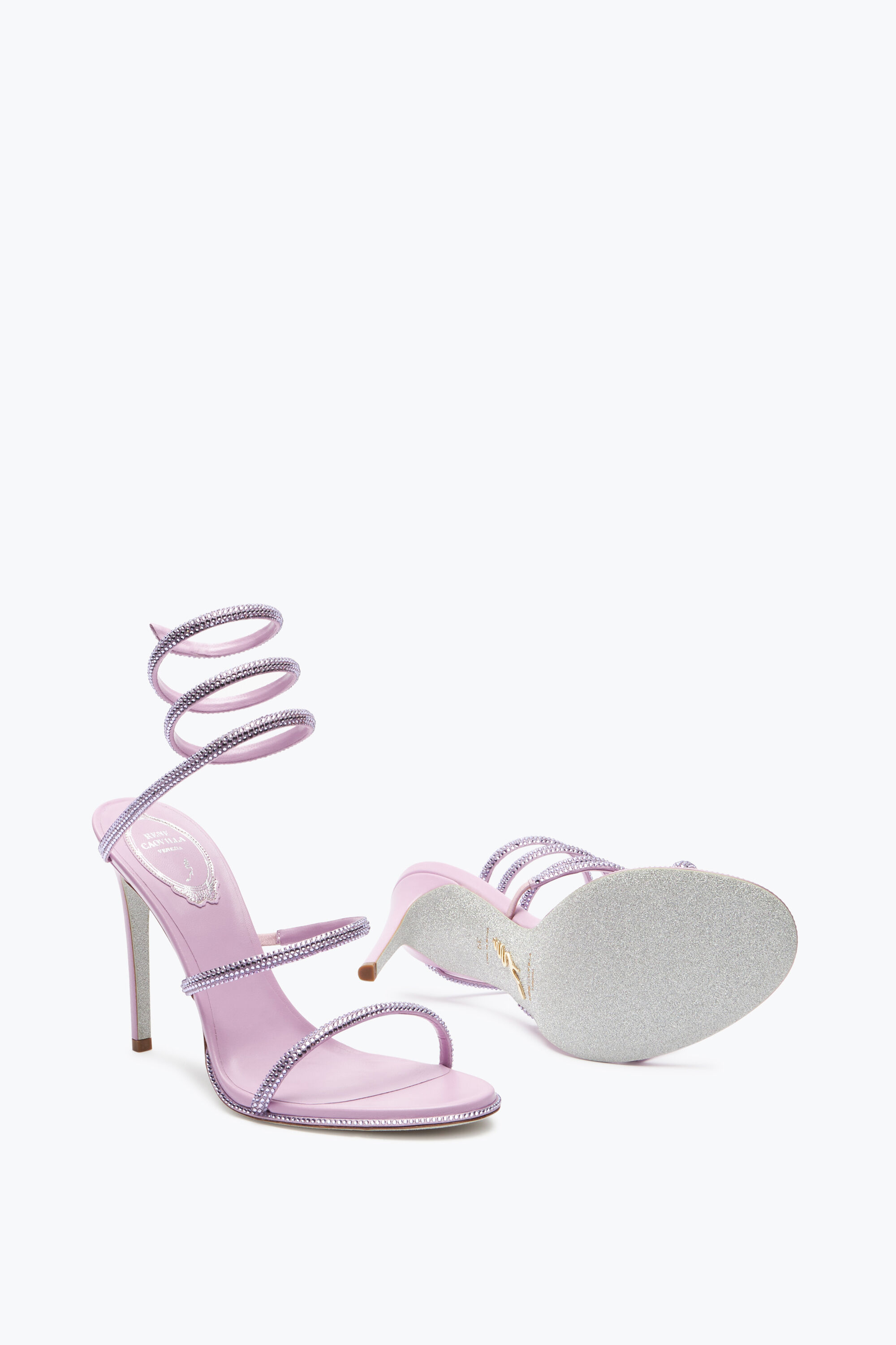 サンダル・ミュール REN CAOVILLA CLEO SANDALS IN LAMINATED LEATHER Jeweled Cleo Crystal Powder Pink Sandal 105 | Rene Caovilla®