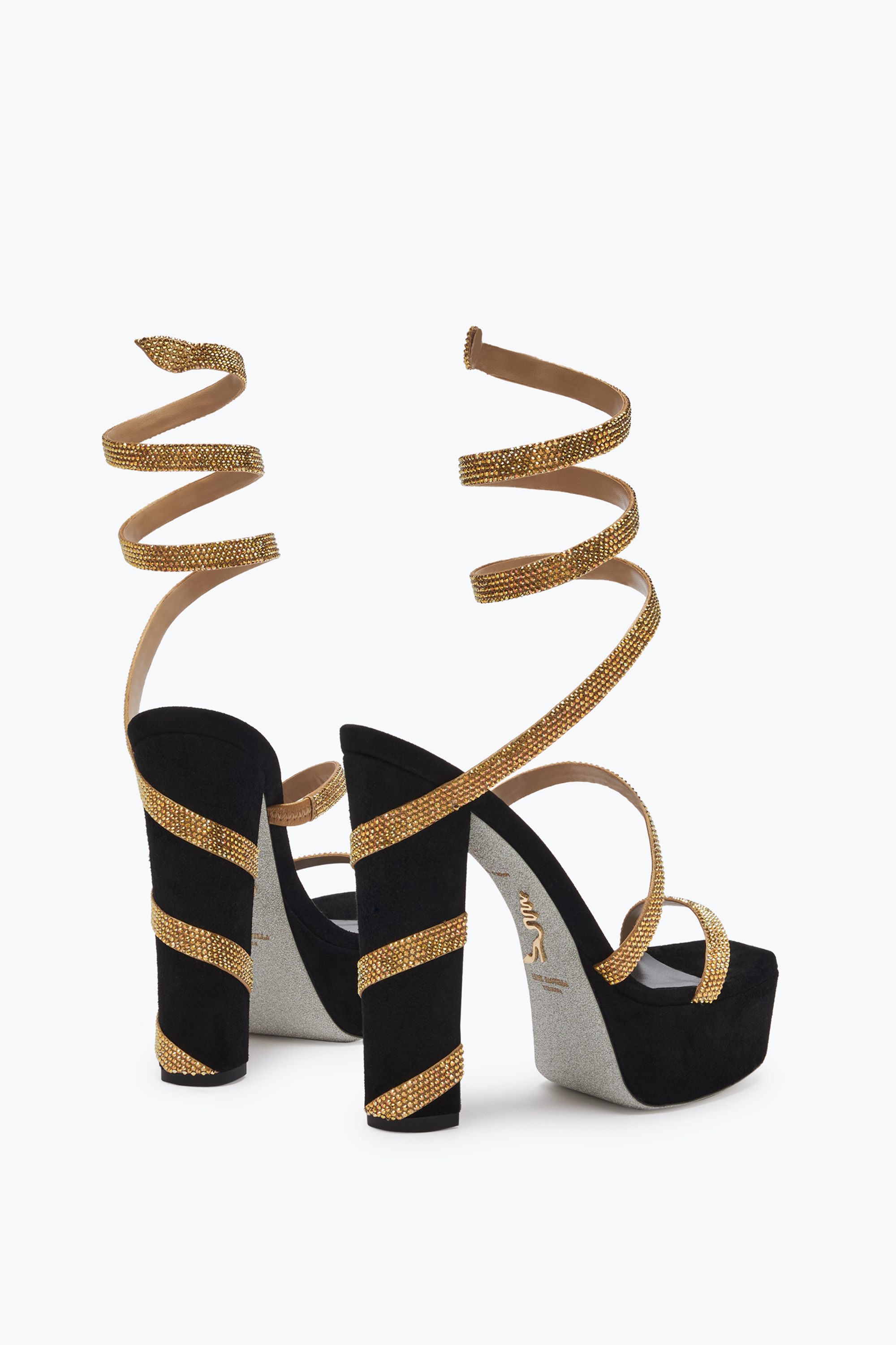 RENÉ CAOVILLA MARGOT BLACK AND GOLD PLATFORM SANDAL 130
