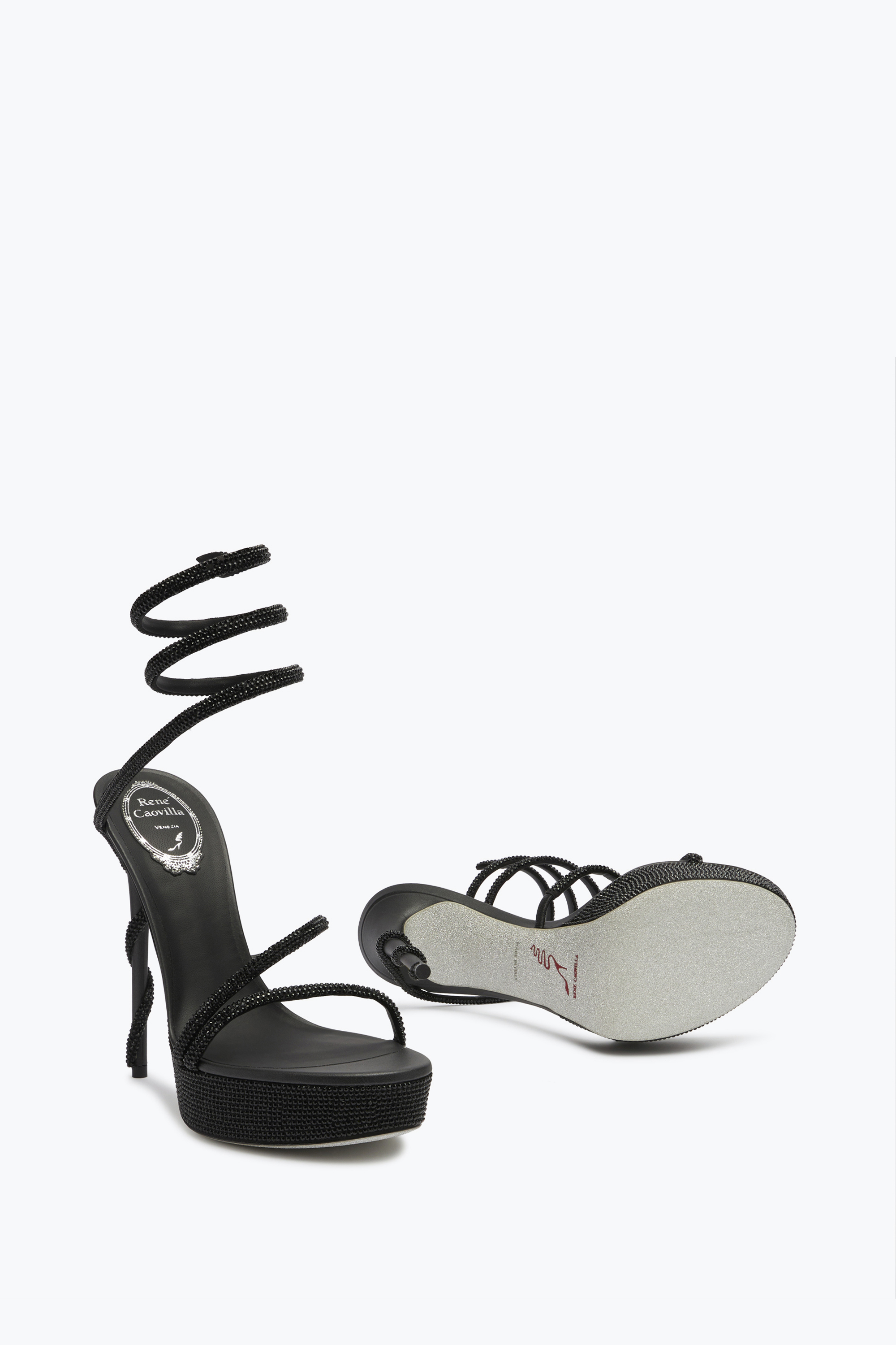 RENÉ CAOVILLA MARGOT CRYSTAL BLACK PLATFORM SANDAL 130