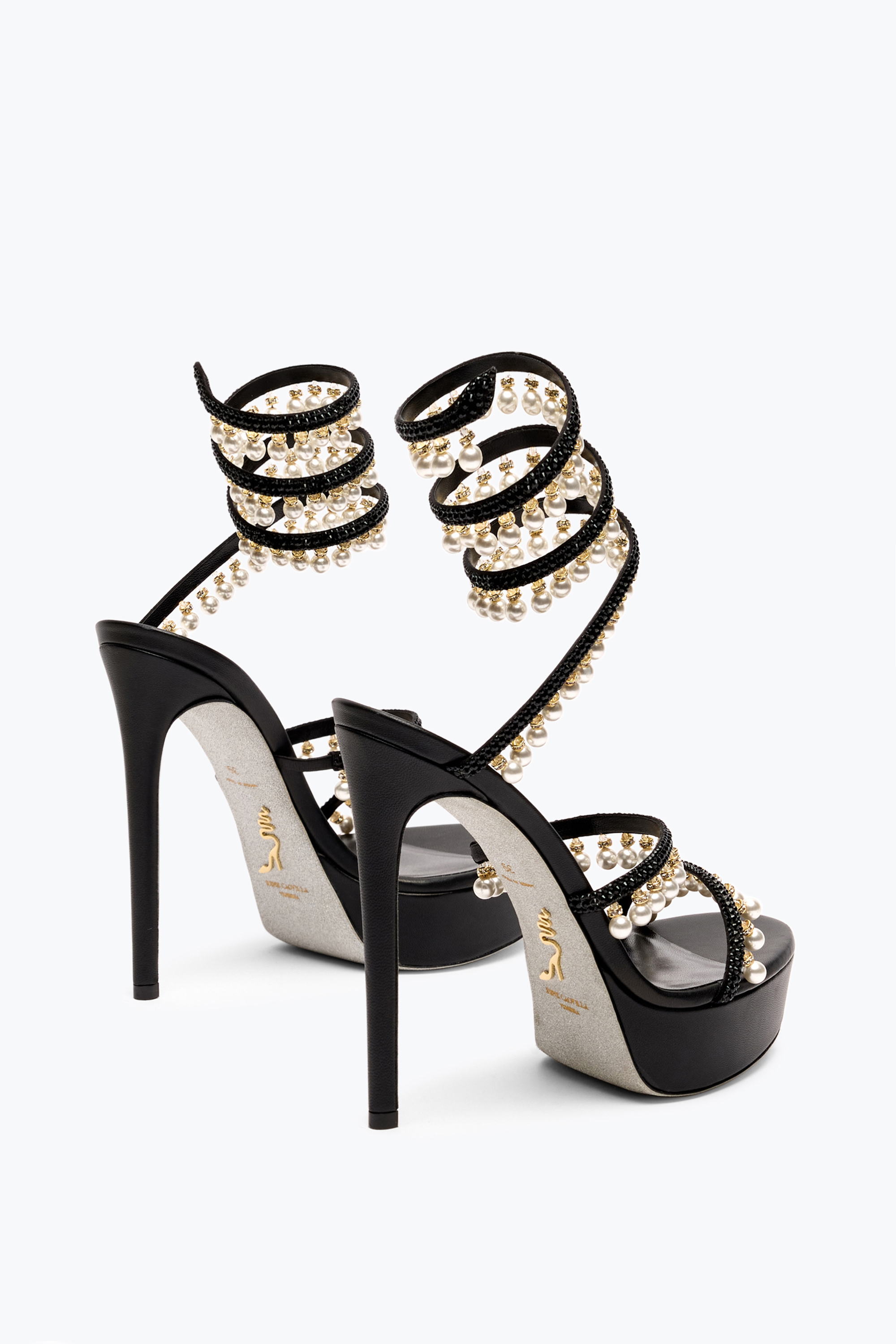 René Caovilla Chandelier Black Platform Sandal With Pearls 130