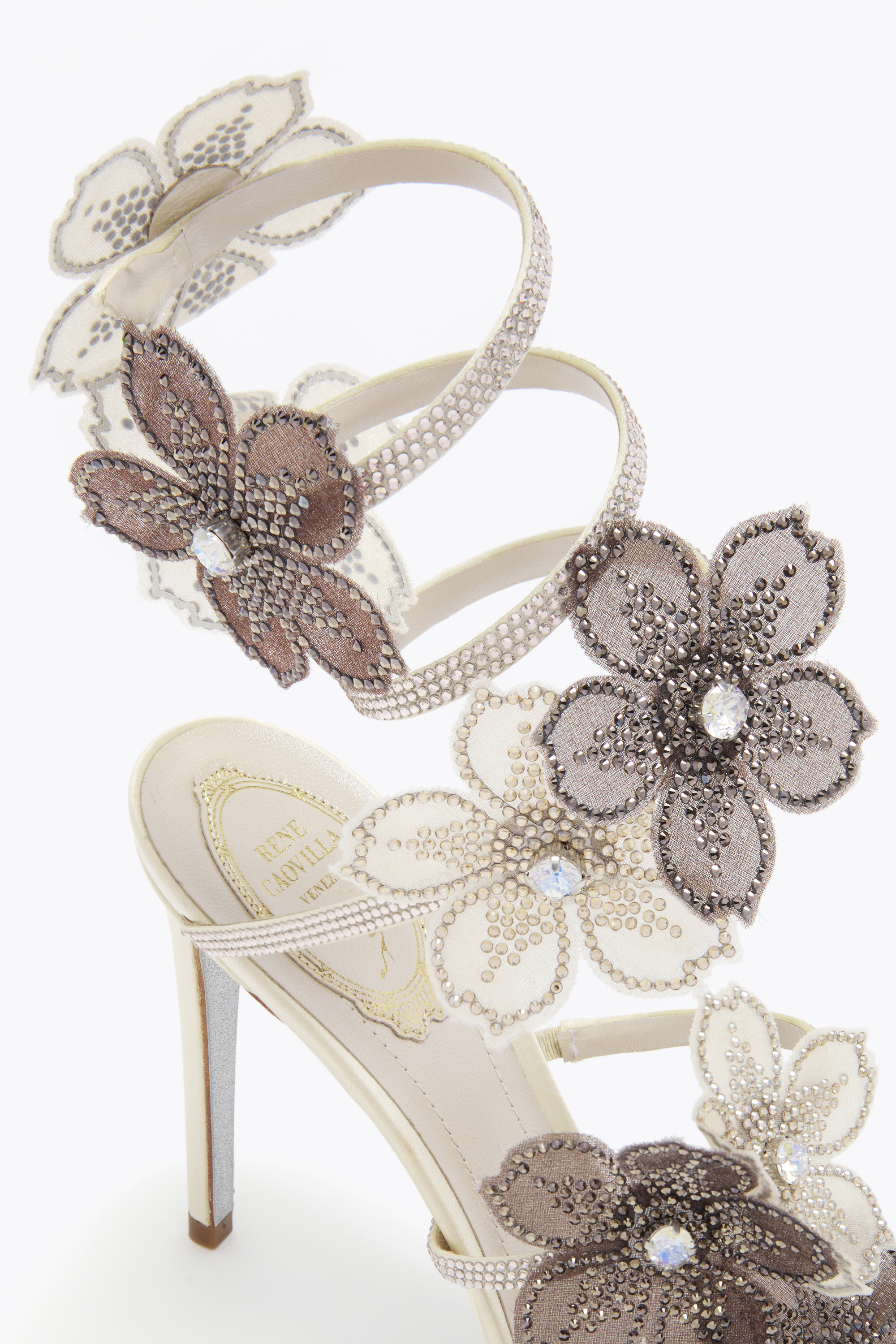 René Caovilla Peach Flower Ivory And Grey Sandal 105 In White