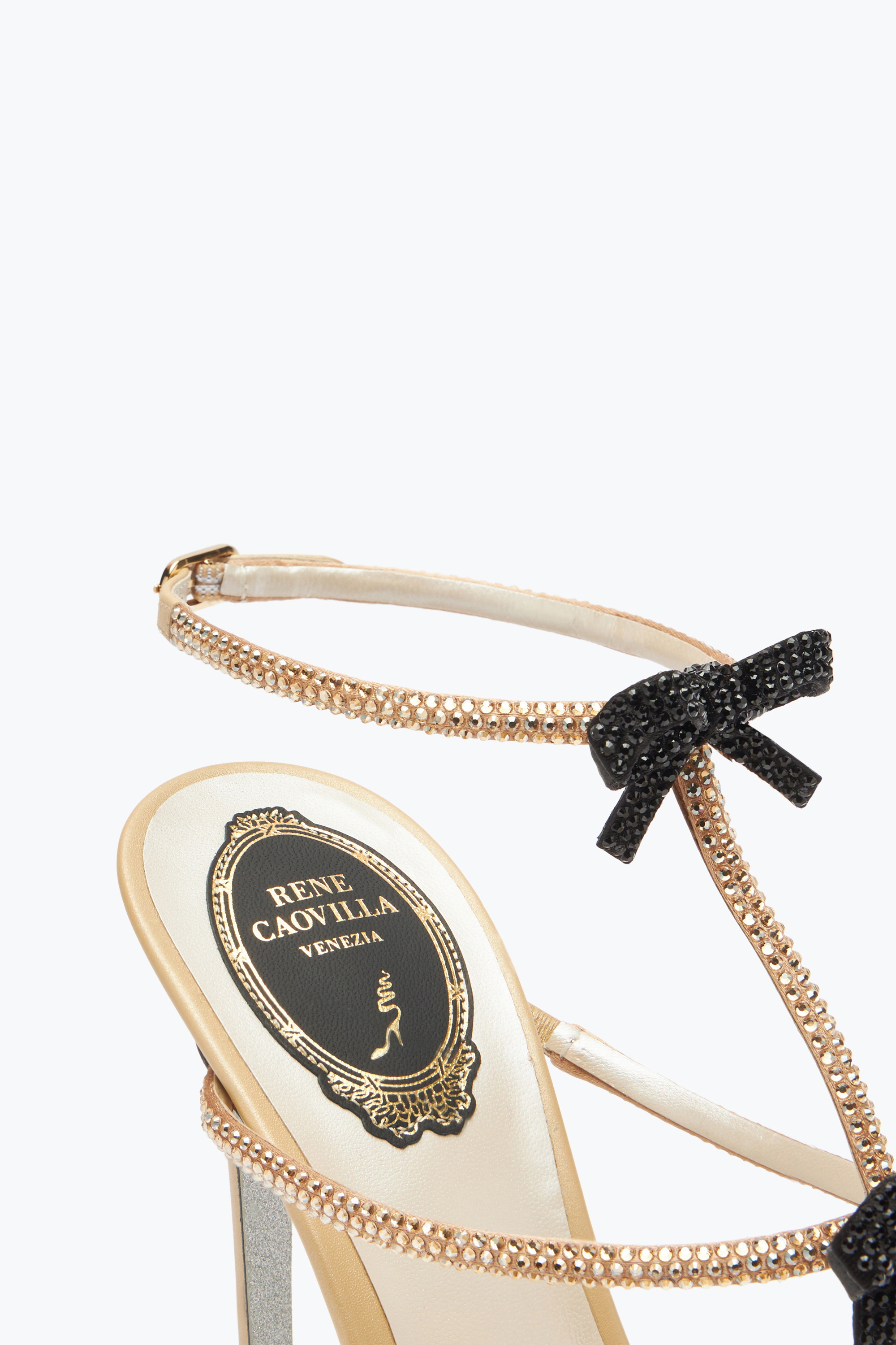 René Caovilla Caterina Neutral Sandal With Black And Gold Crystals 105