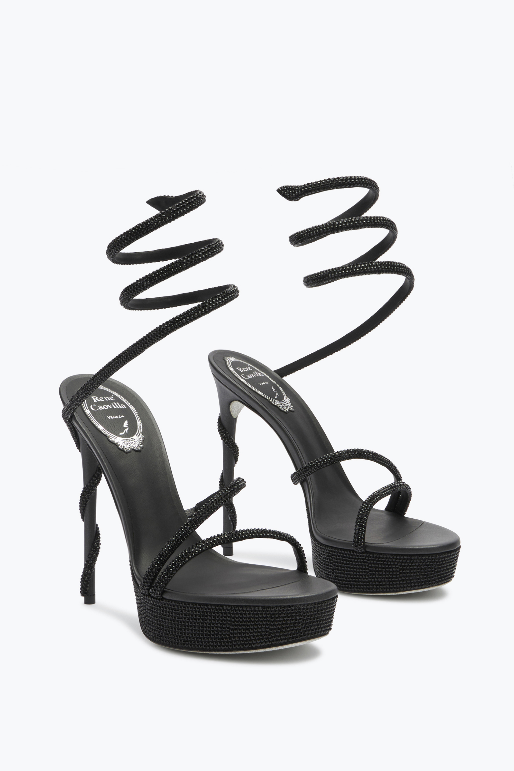 RENÉ CAOVILLA MARGOT CRYSTAL BLACK PLATFORM SANDAL 130