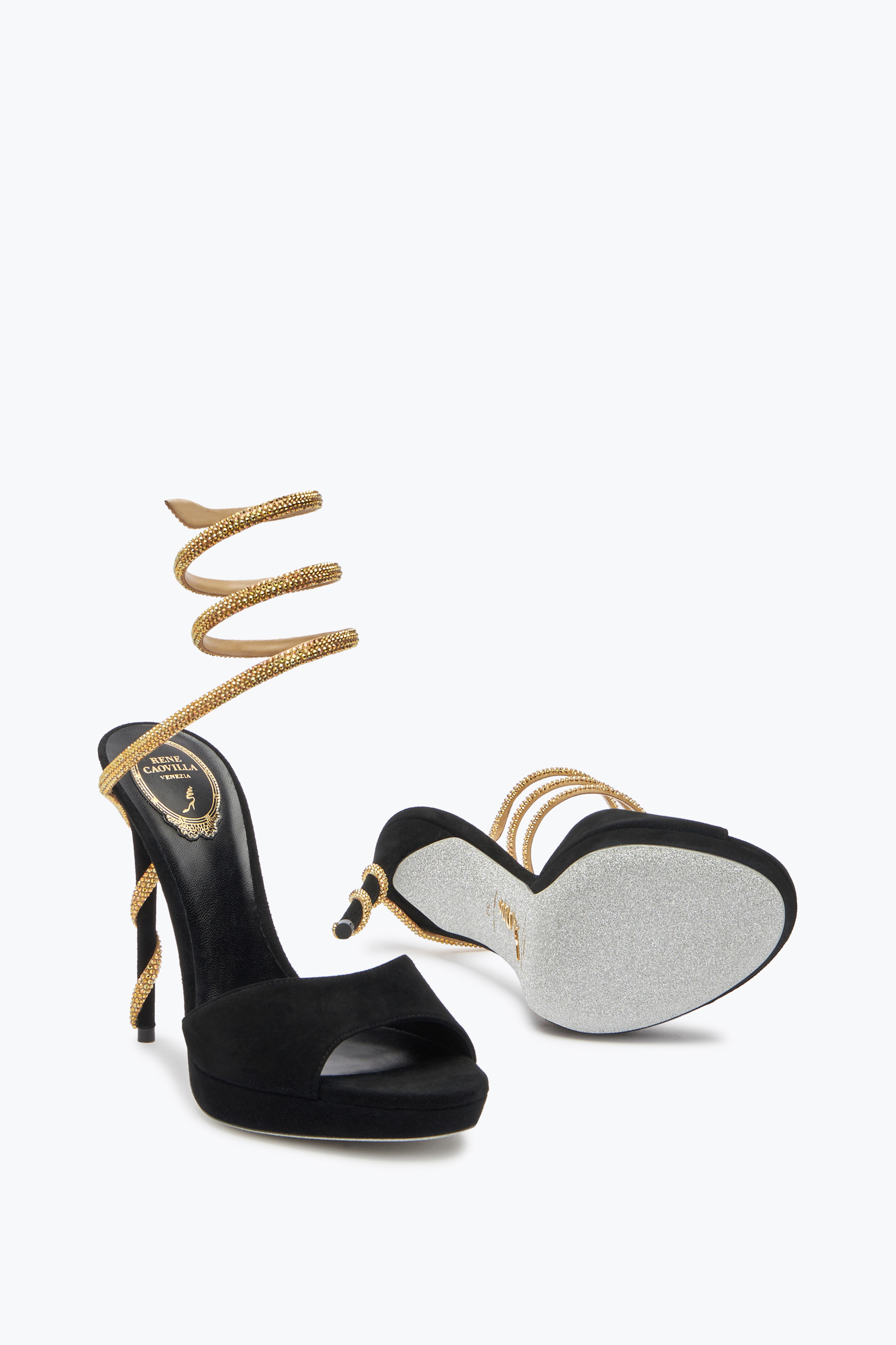 René Caovilla Margot Black Suede And Gold Platform Sandal 120