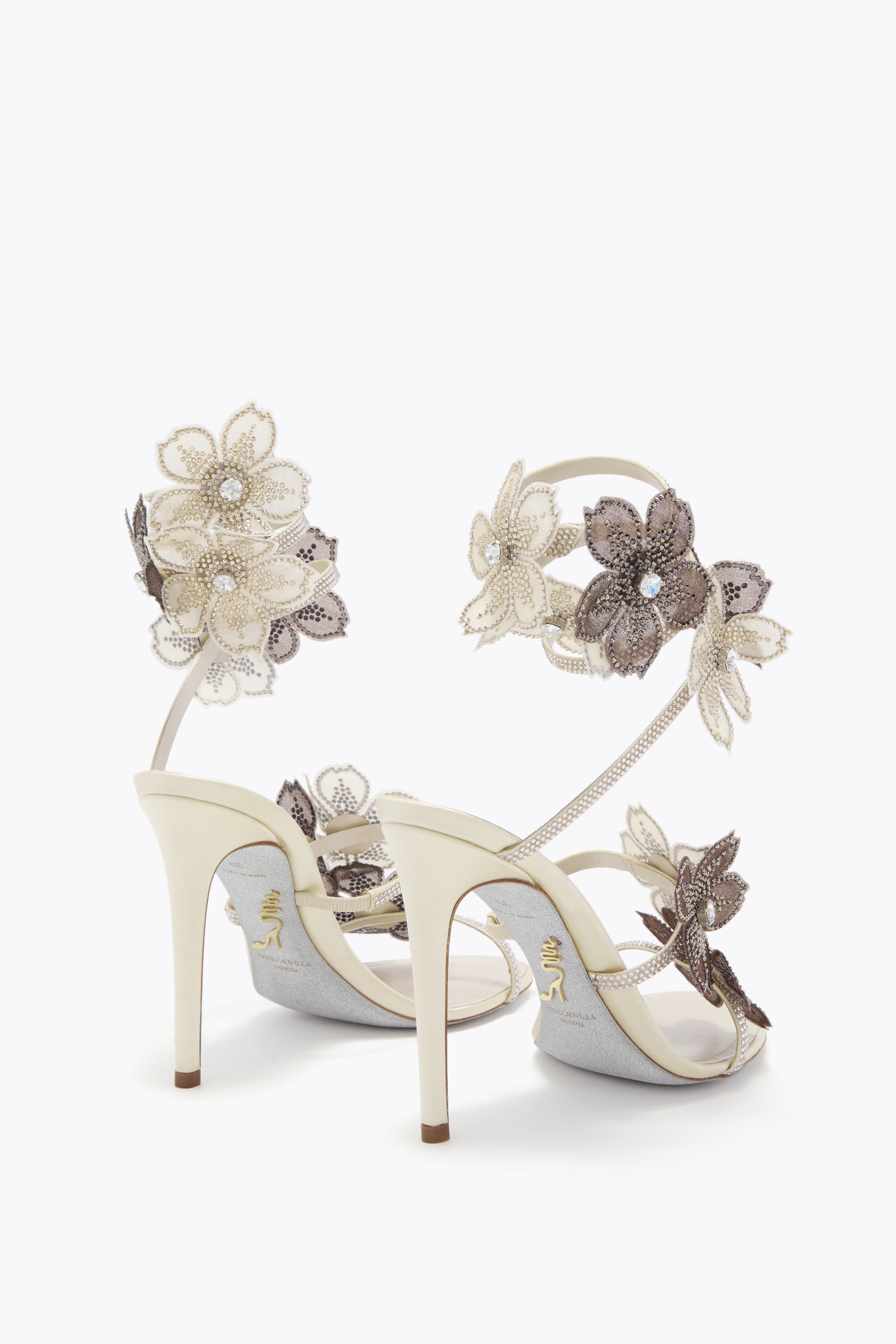 René Caovilla Peach Flower Ivory And Grey Sandal 105 In White