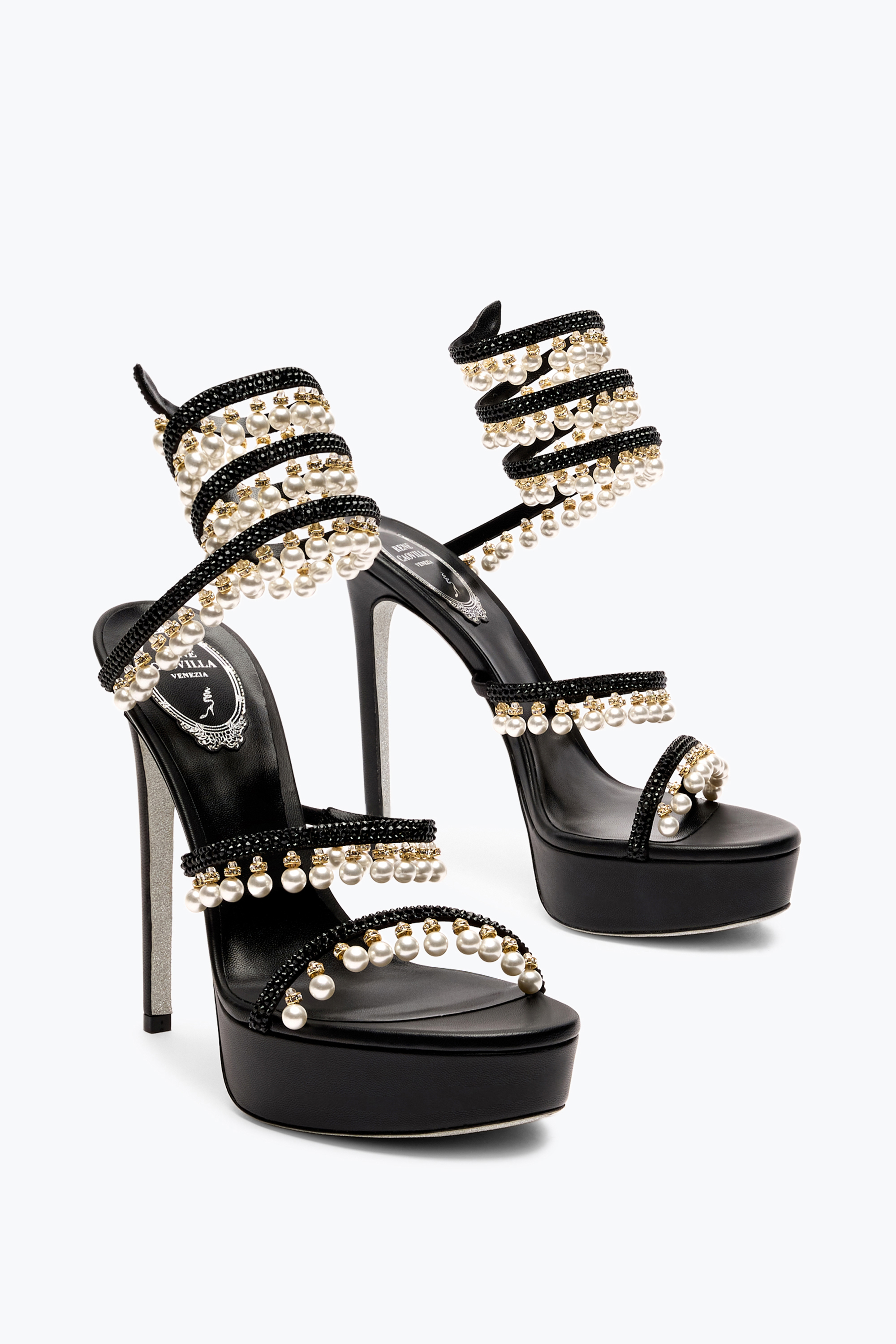 René Caovilla Chandelier Black Platform Sandal With Pearls 130