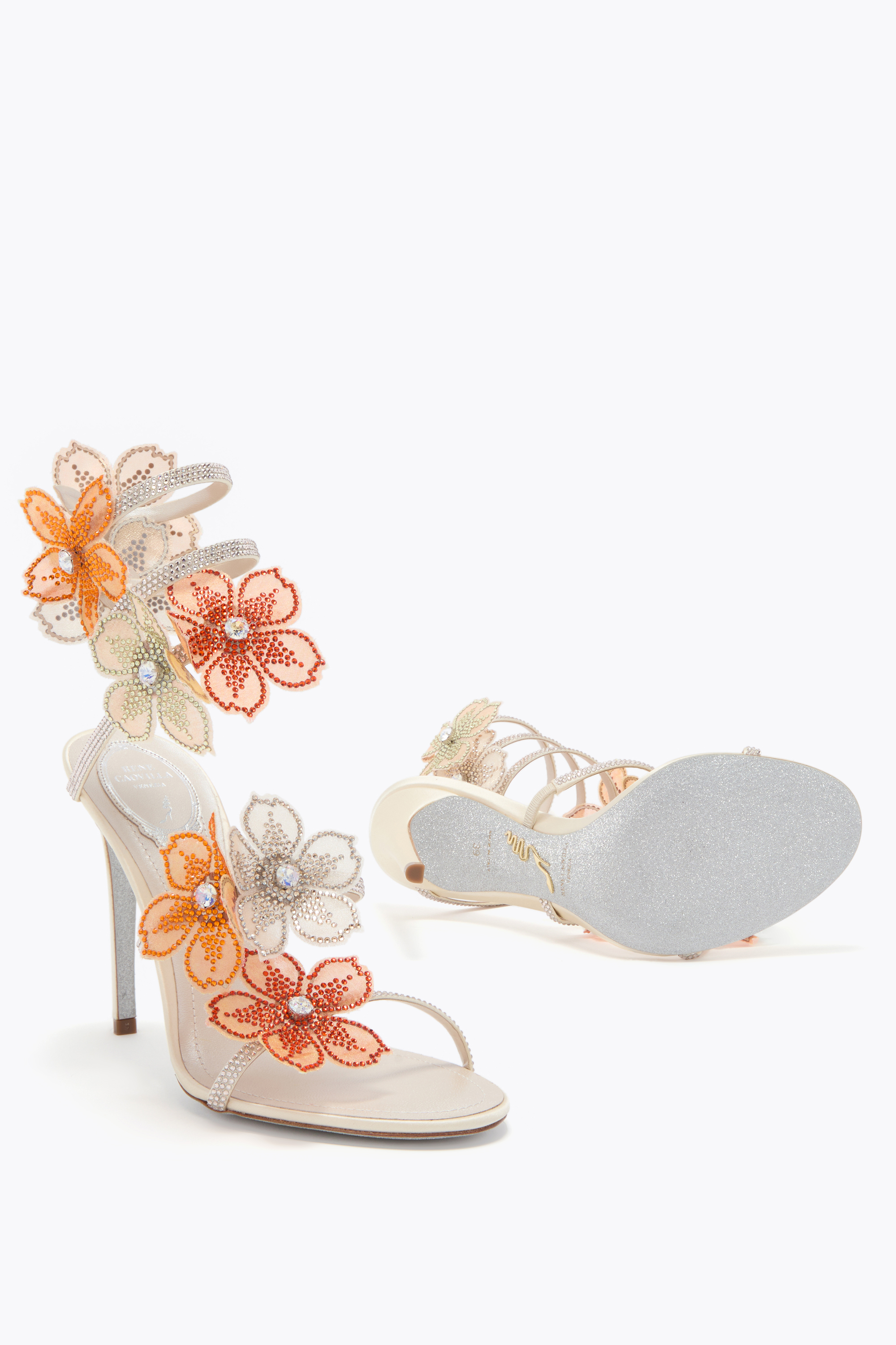 René Caovilla Peach Flower Ivory And Orange Sandal 105 In Multi