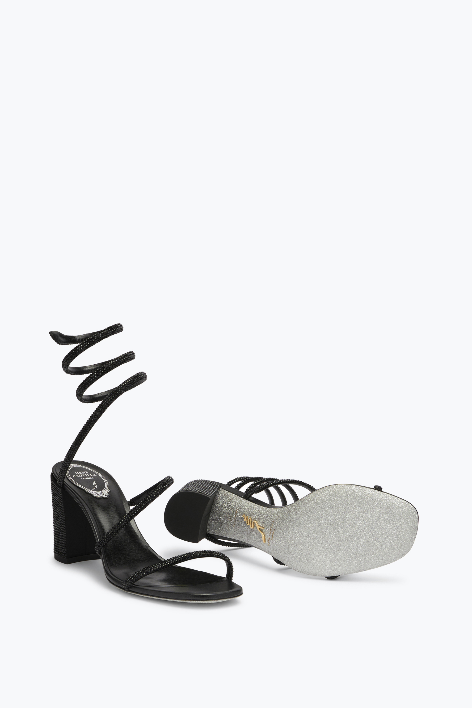 René Caovilla Cleo Block-heeled Crystal Black Sandal 80
