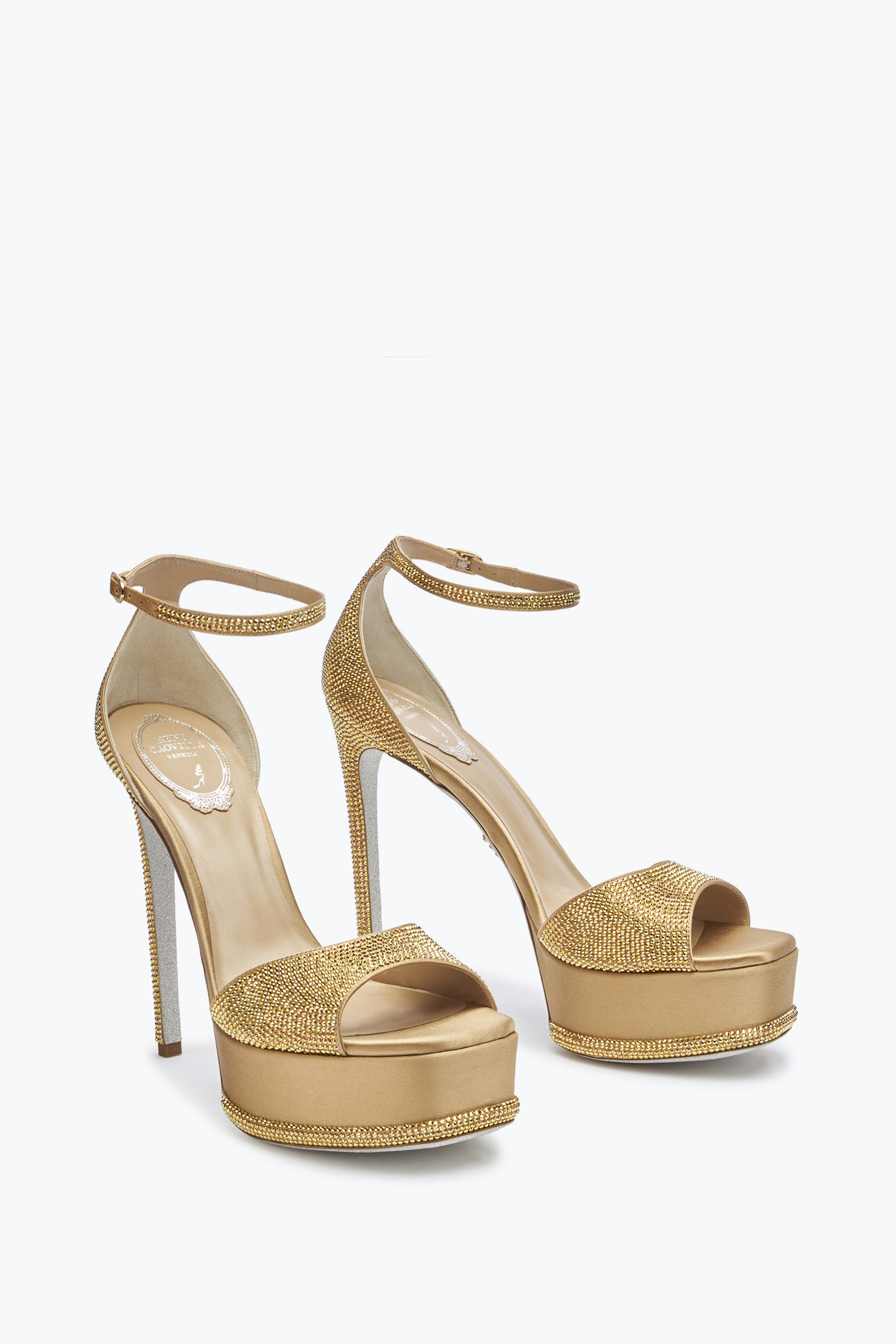 René Caovilla Anastasia Crystal Gold Platform Sandal 130