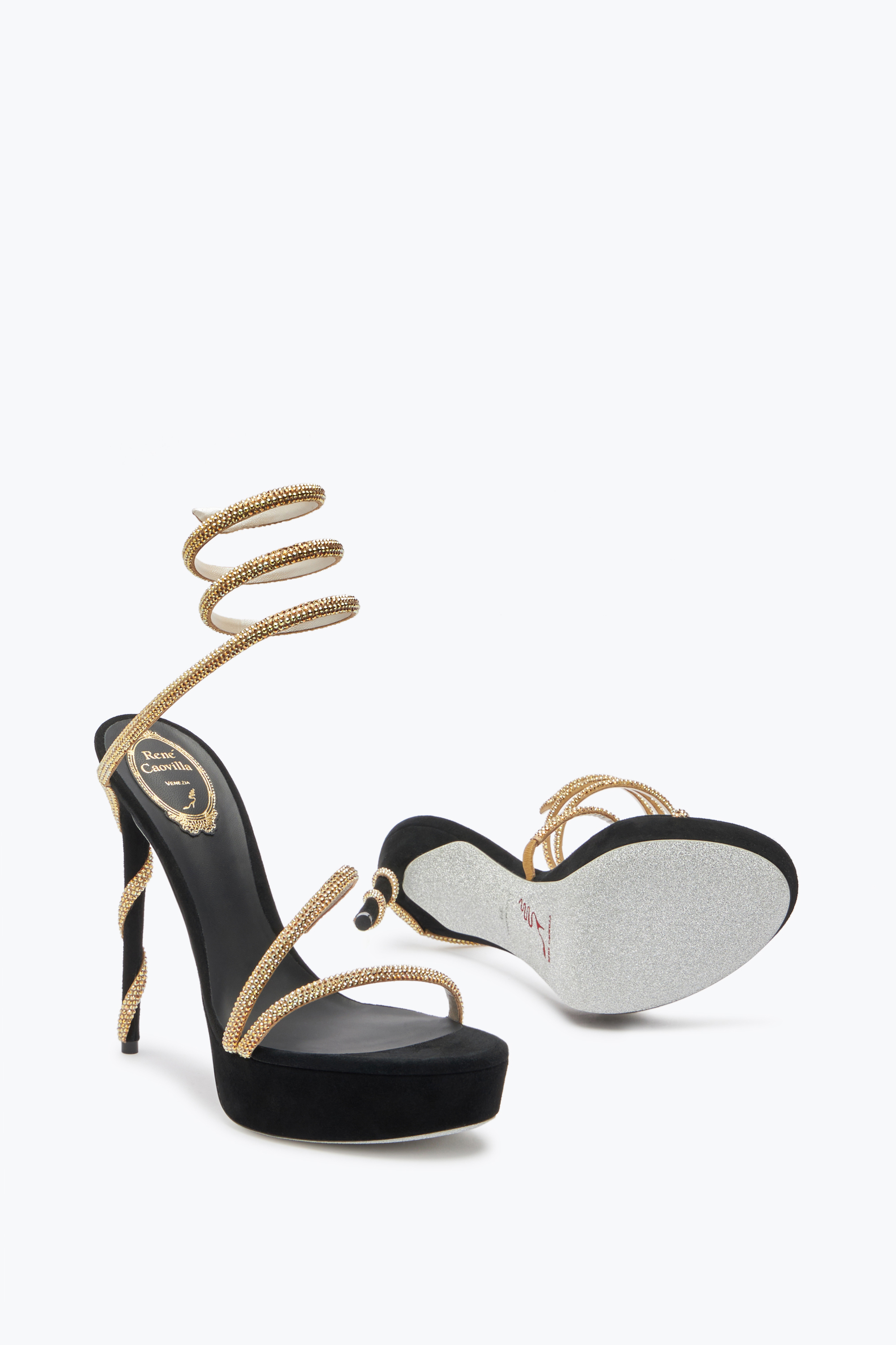 Shop René Caovilla Margot Crystal Black-gold Platform Sandal 130