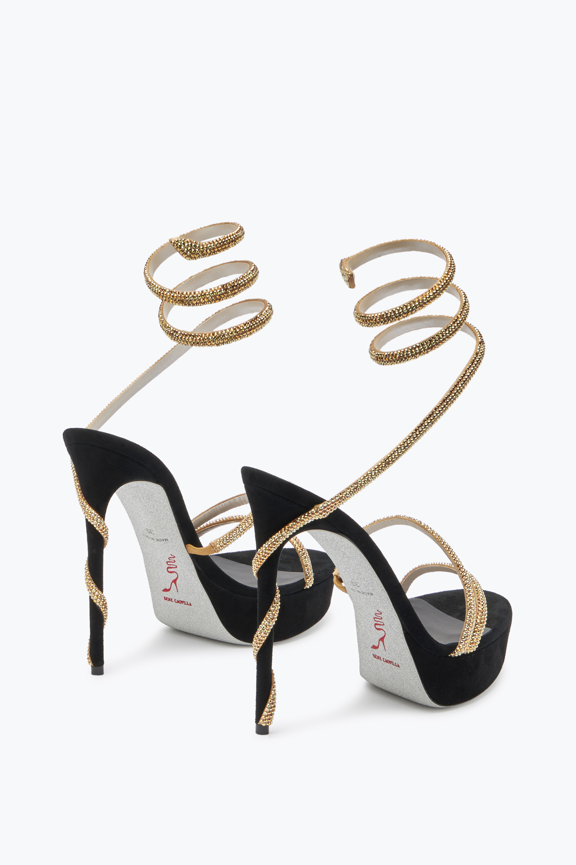 RENÉ CAOVILLA MARGOT CRYSTAL BLACK-GOLD PLATFORM SANDAL 130