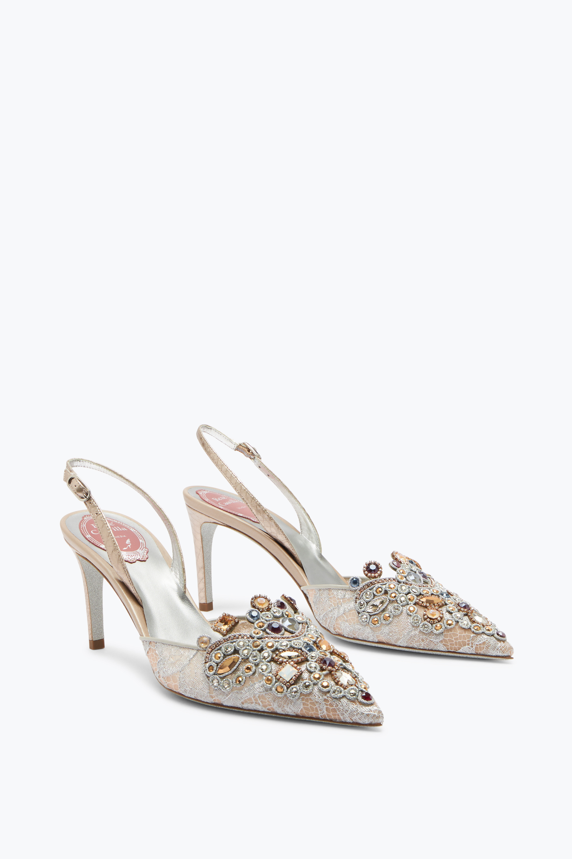 René Caovilla Jewel Slingbacks In Lace Veneziana