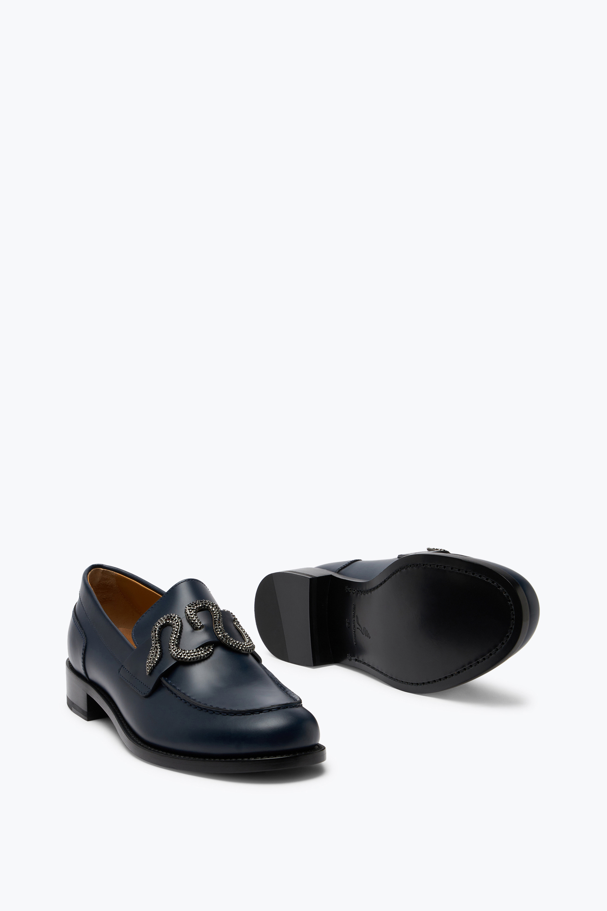 Shop René Caovilla Morgana Blue Loafer With Black Matte Crystal 20