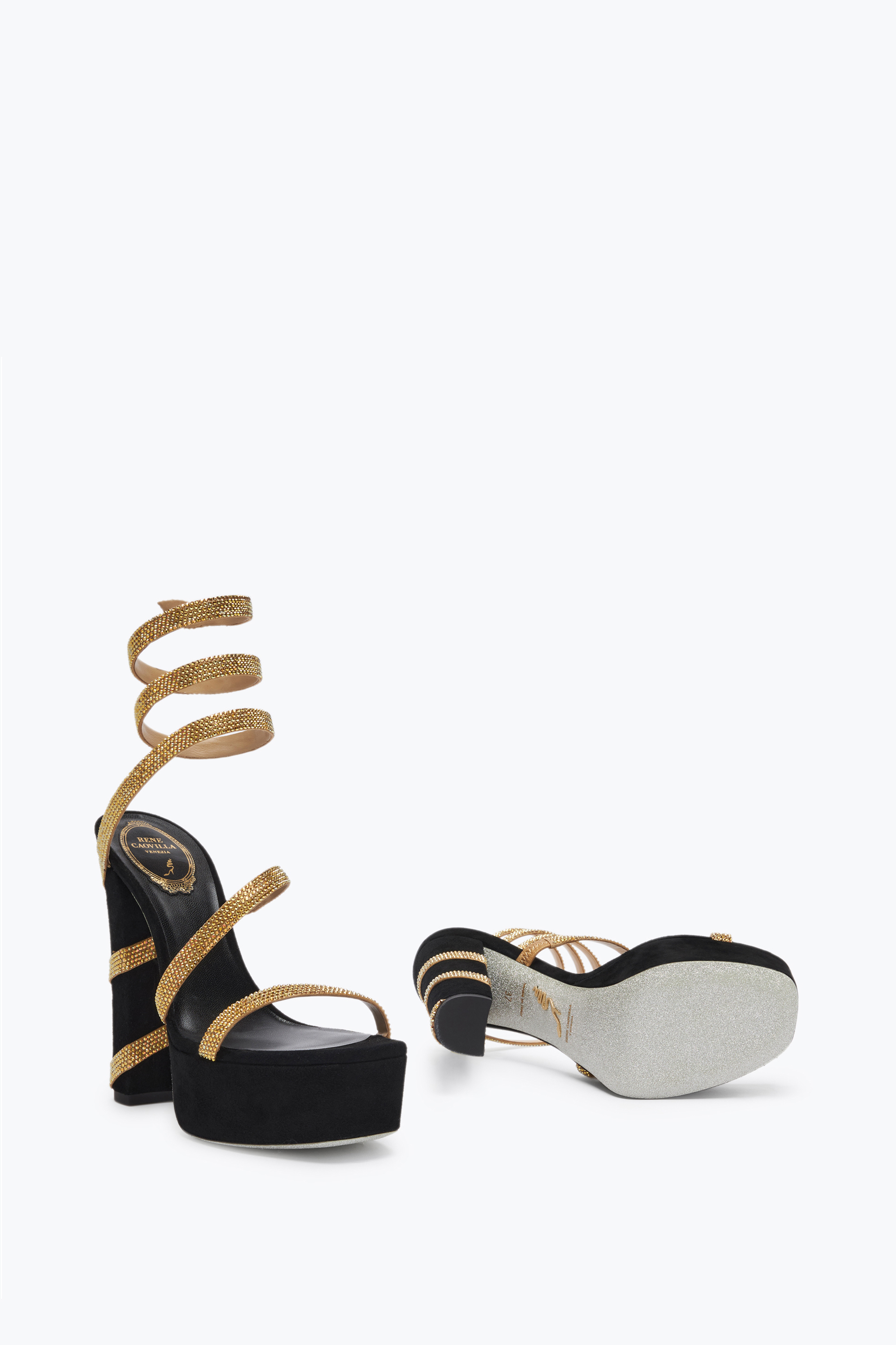 Shop René Caovilla Margot Black And Gold Platform Sandal 130