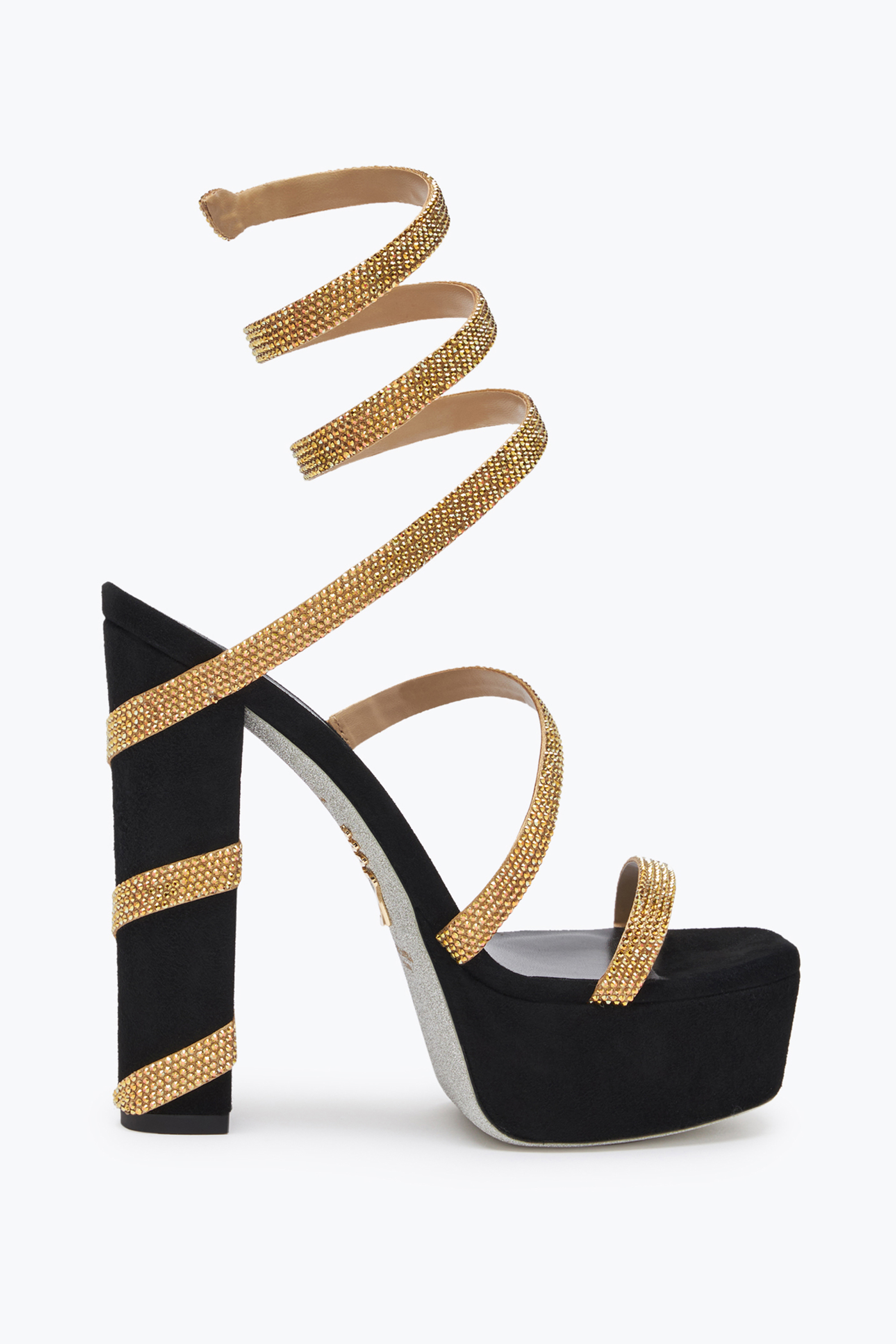 RENÉ CAOVILLA MARGOT BLACK AND GOLD PLATFORM SANDAL 130