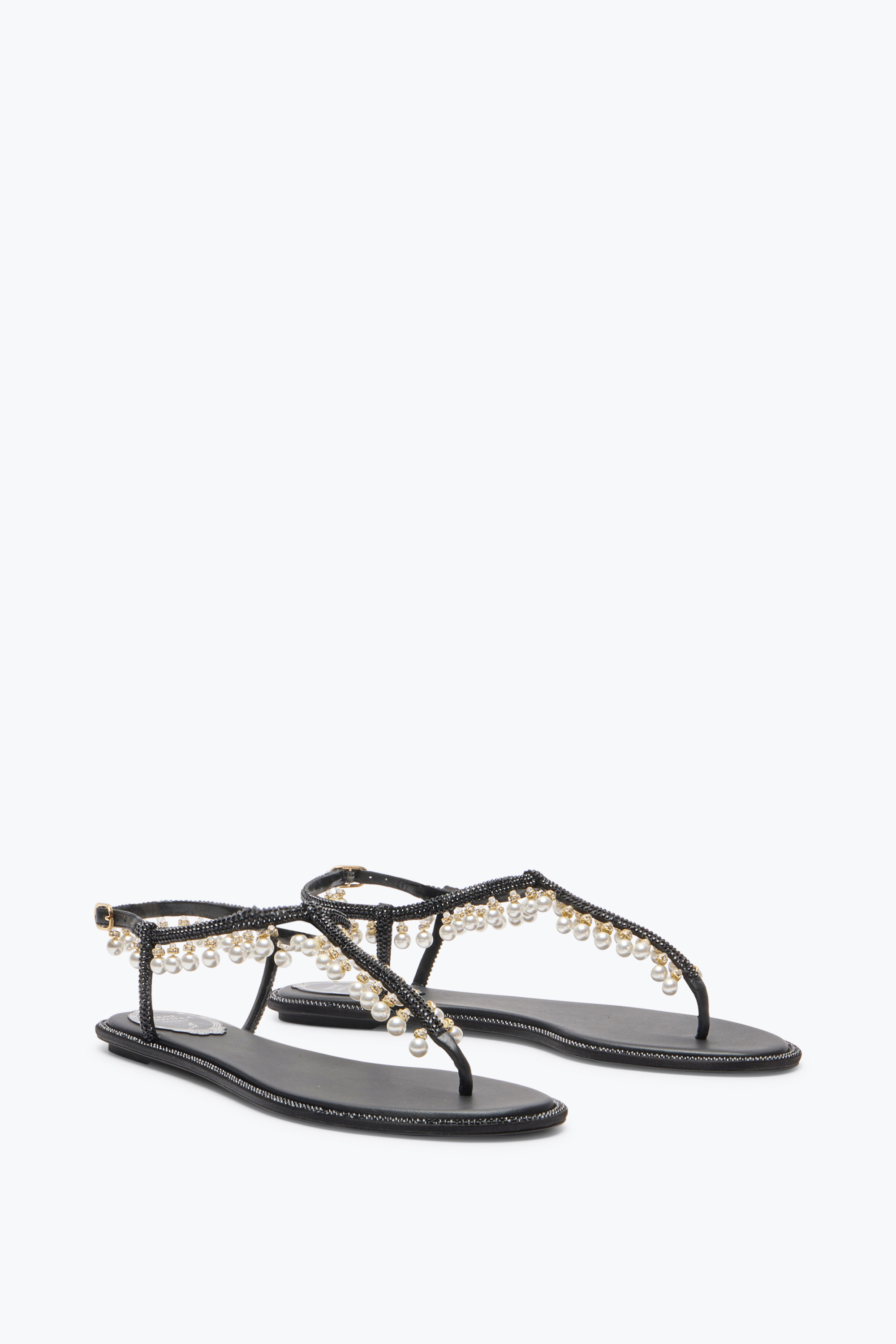 René Caovilla Flat Sandals Adorned Open Toe In Black