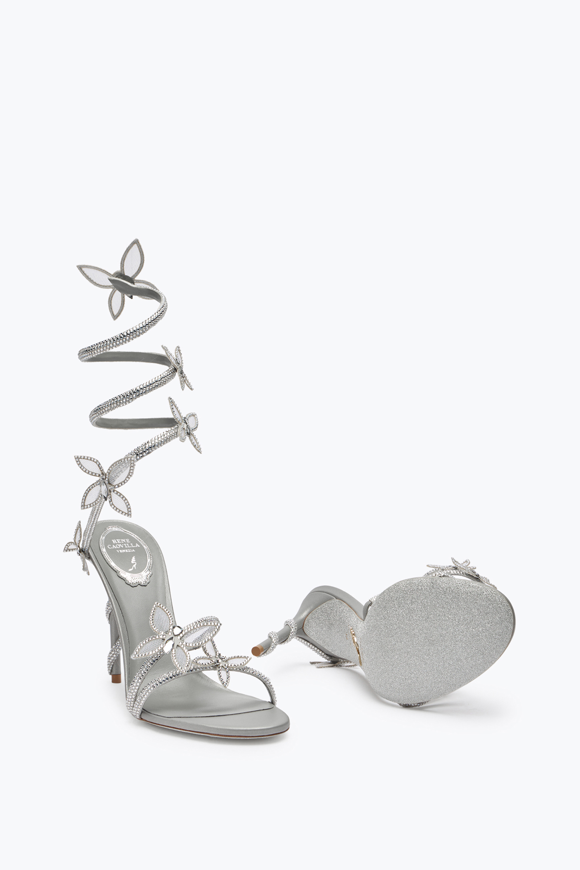 René Caovilla Margot Silver Sandal With Butterflies And Crystals 105