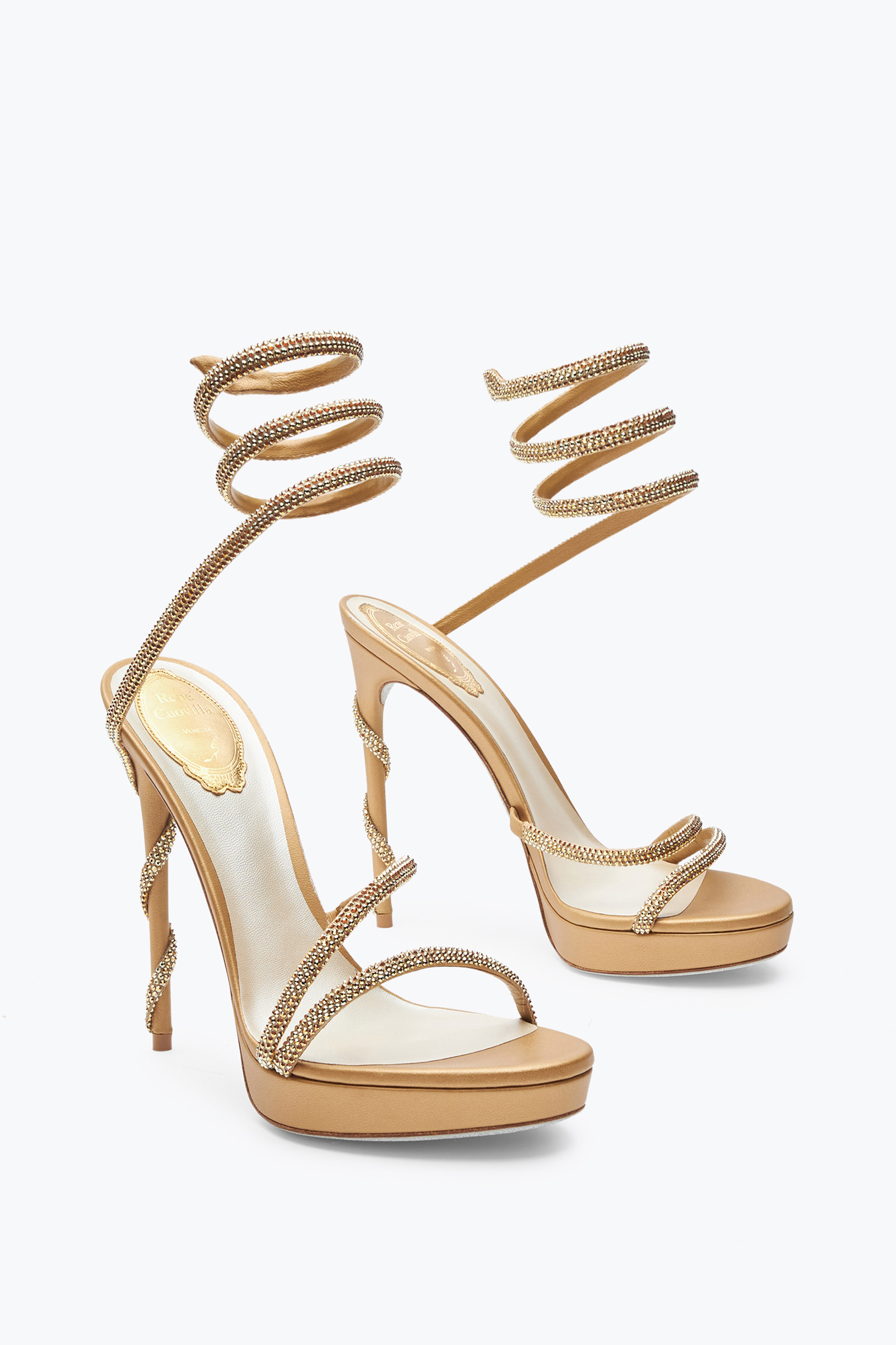 RENÉ CAOVILLA MARGOT CRYSTAL GOLD PLATFORM SANDAL 120