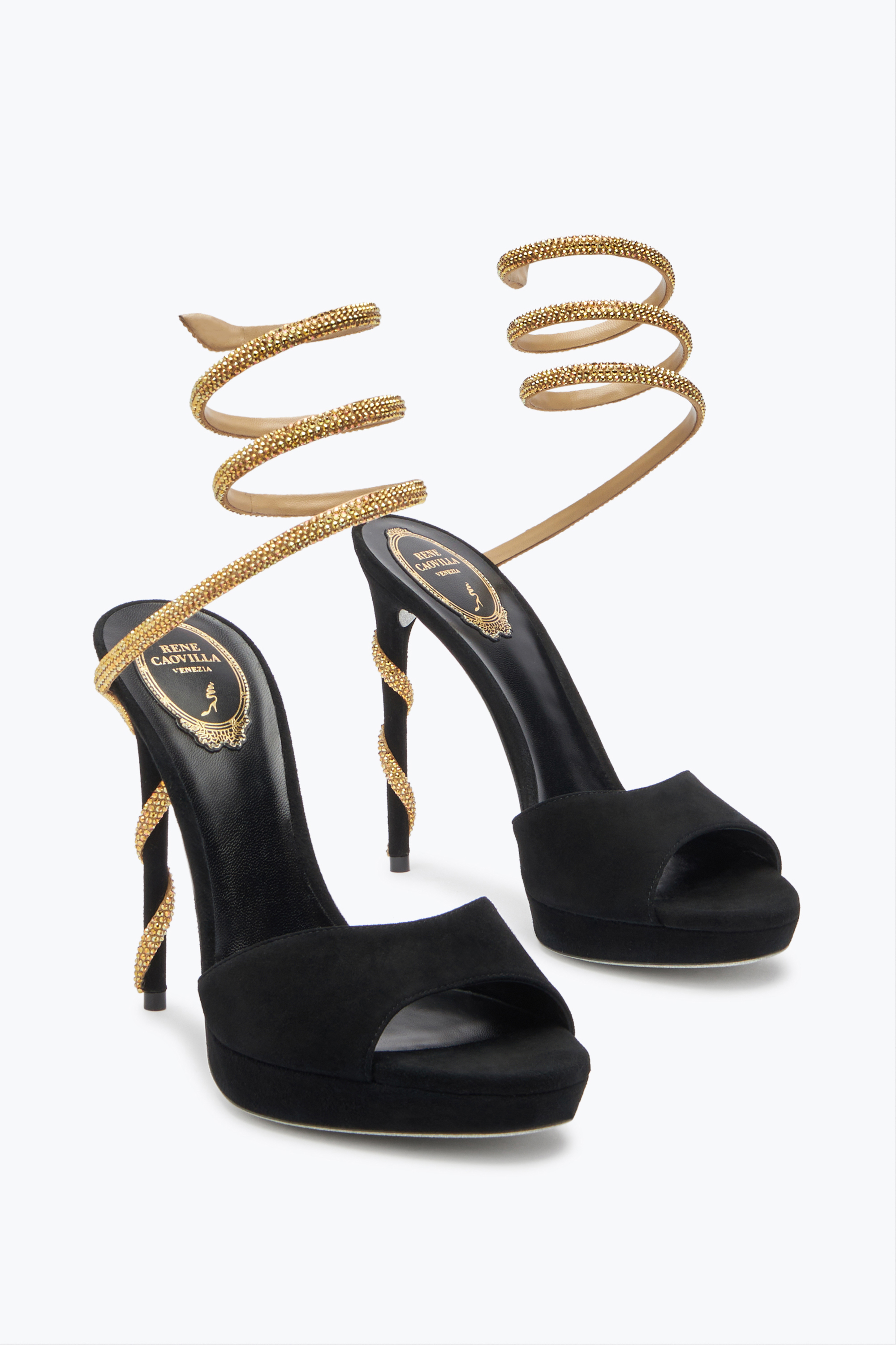 René Caovilla Margot Black Suede And Gold Platform Sandal 120