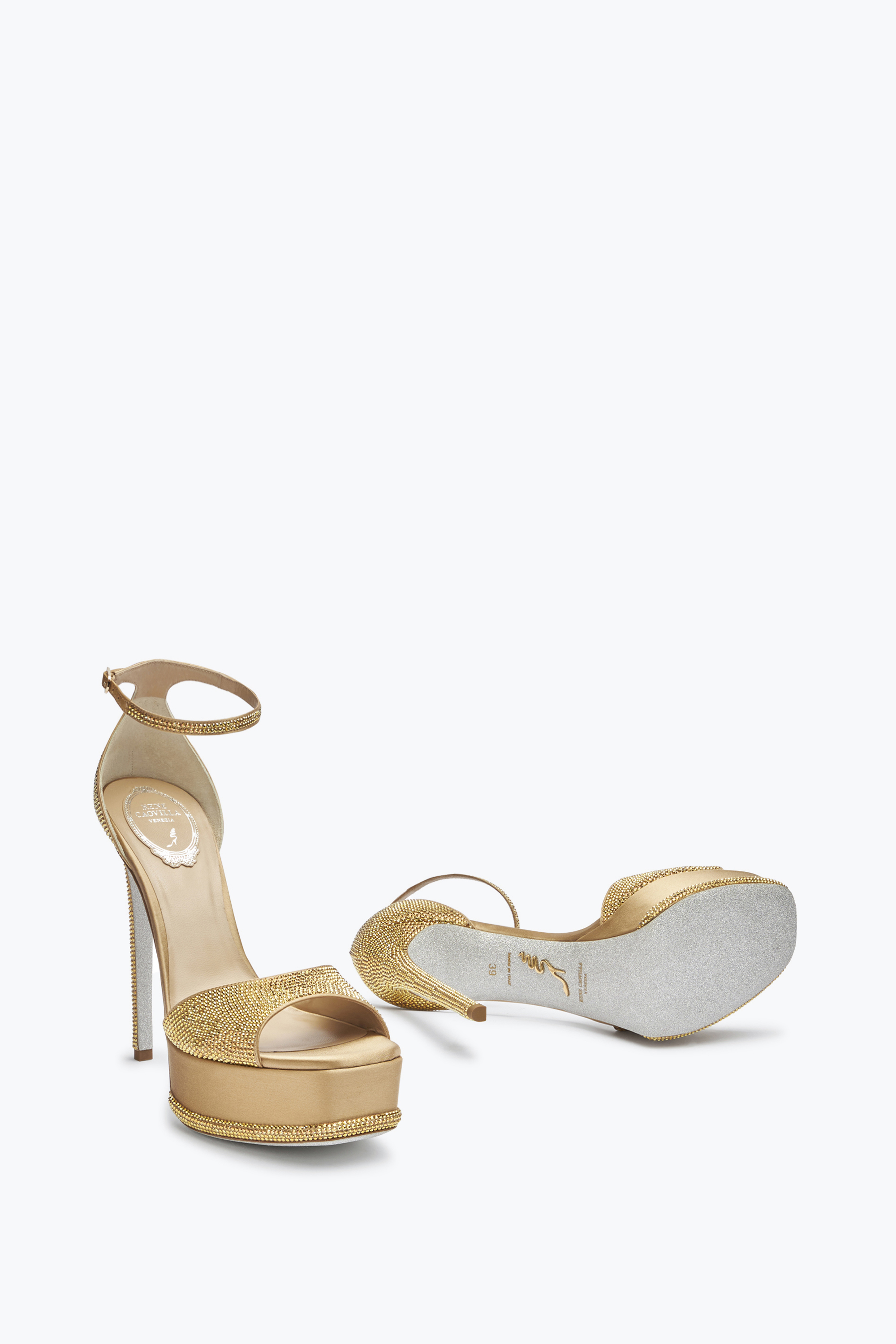 René Caovilla Anastasia Crystal Gold Platform Sandal 130