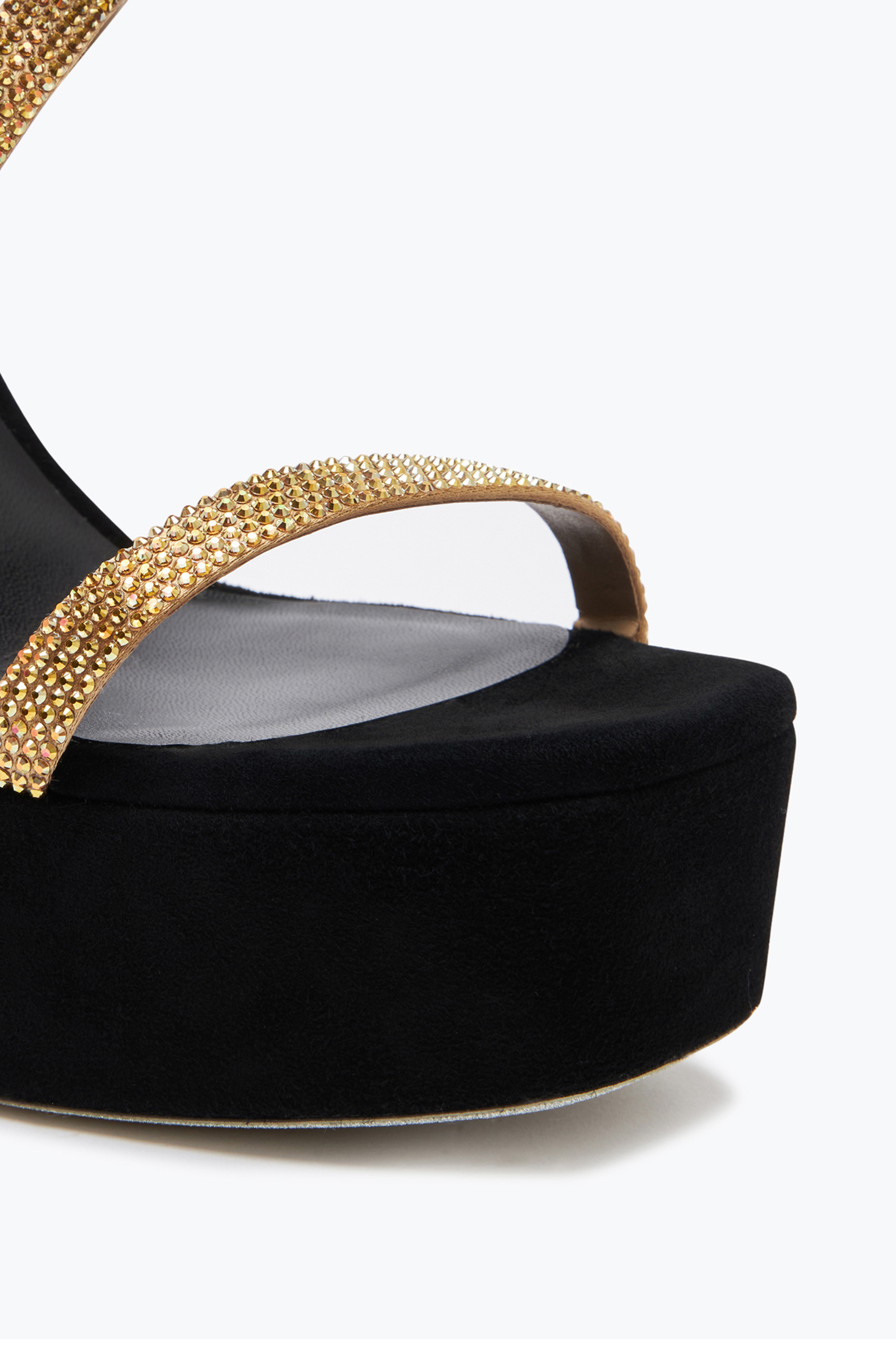 RENÉ CAOVILLA MARGOT BLACK AND GOLD PLATFORM SANDAL 130