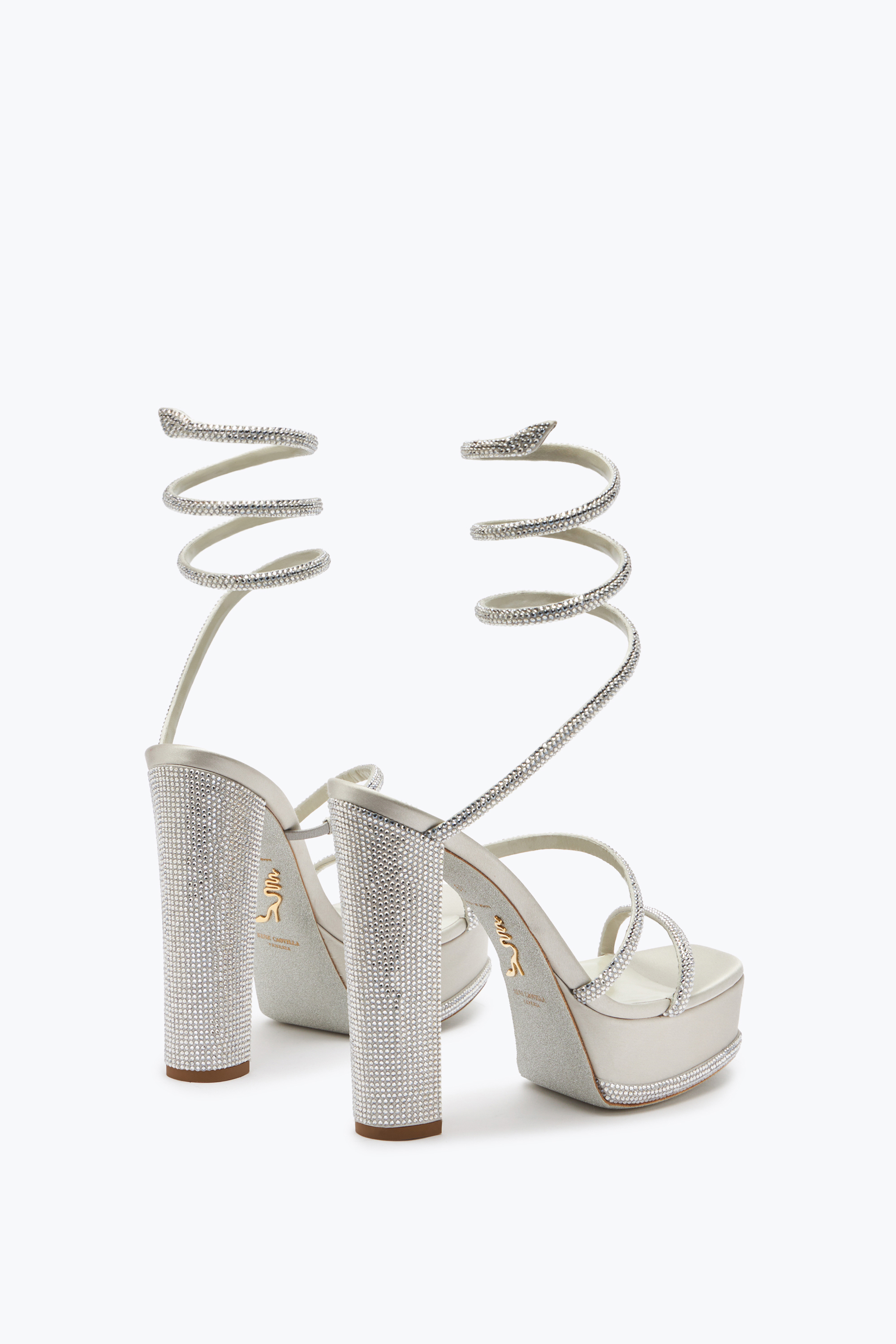RENÉ CAOVILLA CLEO CRYSTAL SILVER PLATFORM SANDAL 130 