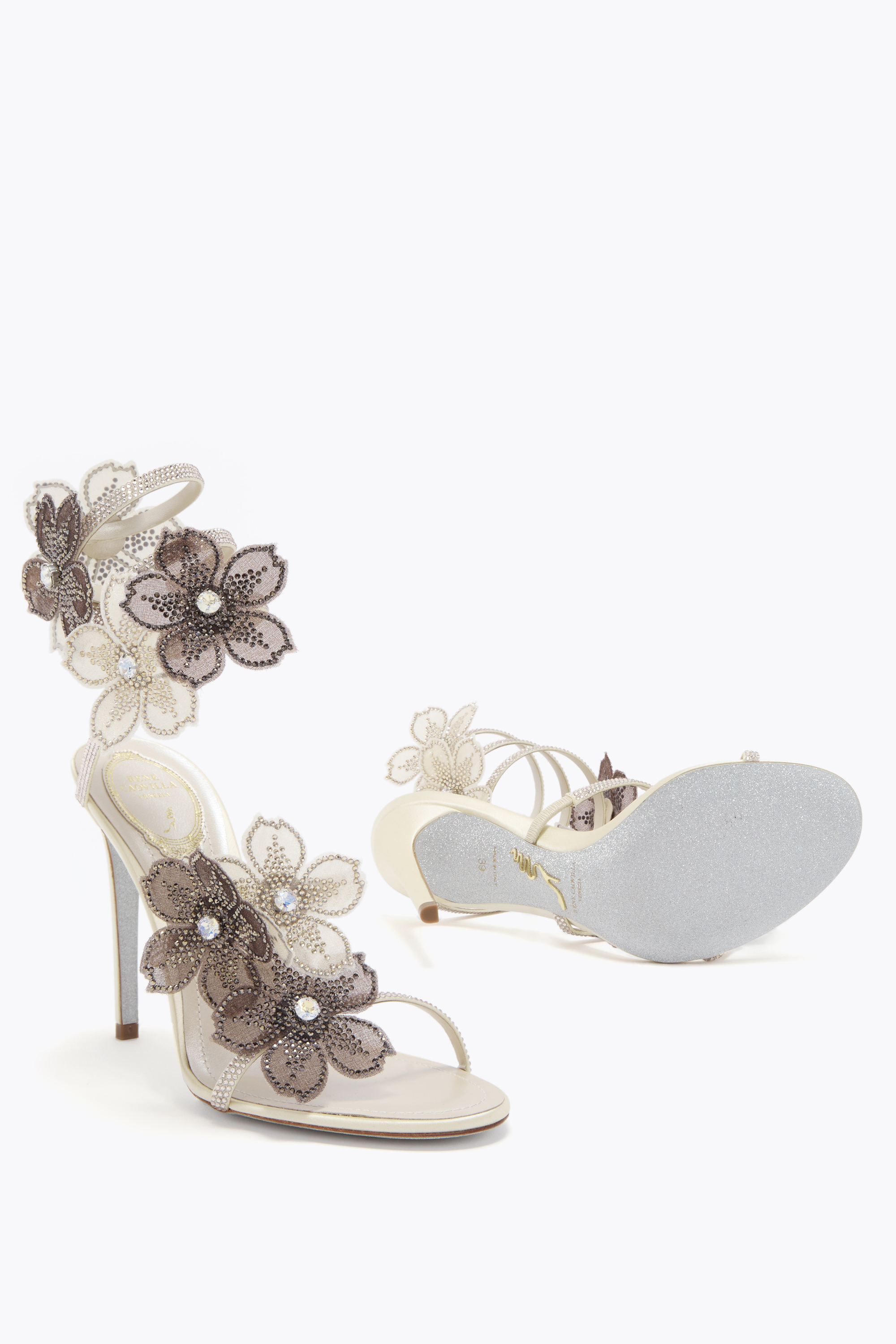 René Caovilla Peach Flower Ivory And Grey Sandal 105 In White