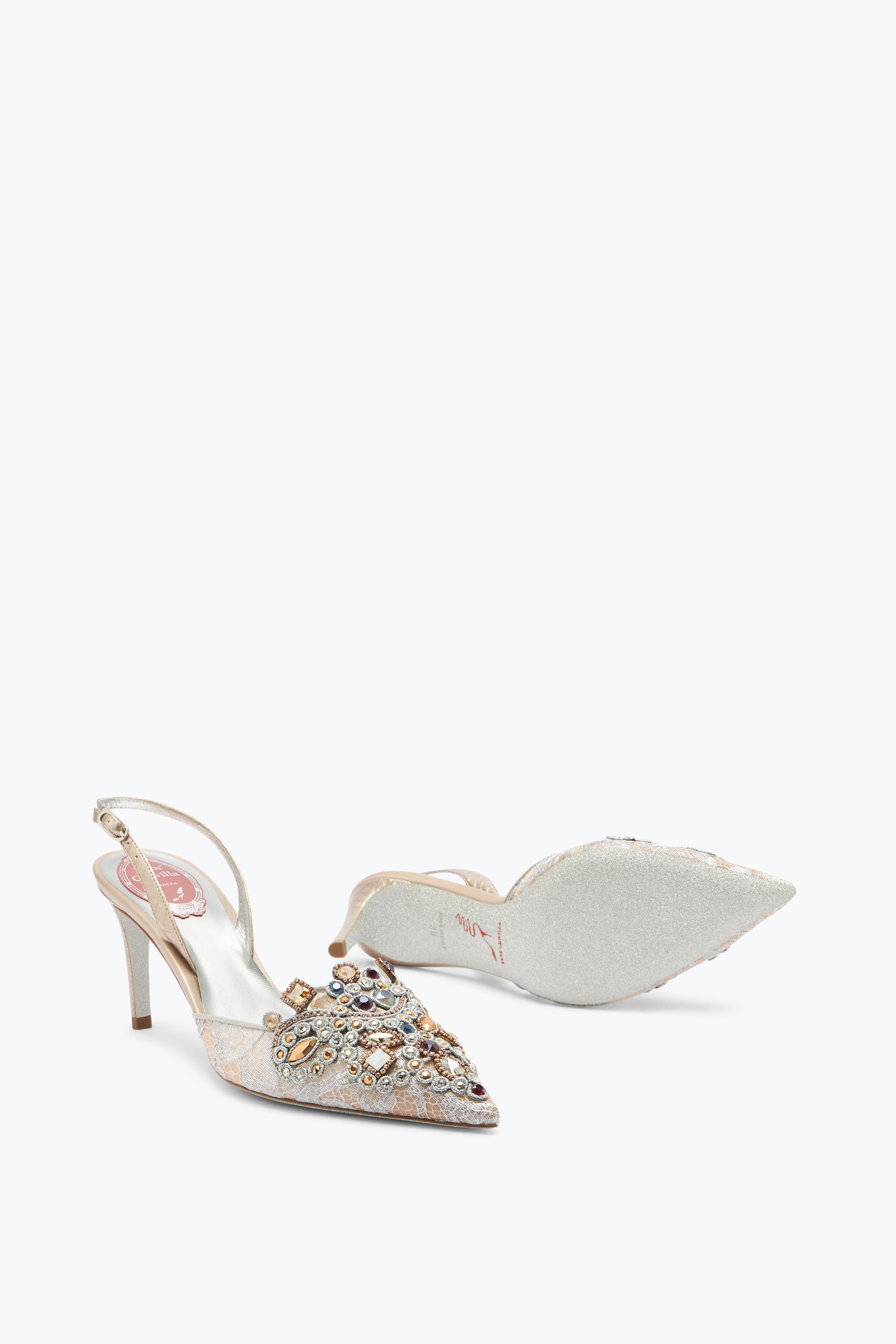 René Caovilla Jewel Slingbacks In Lace Veneziana