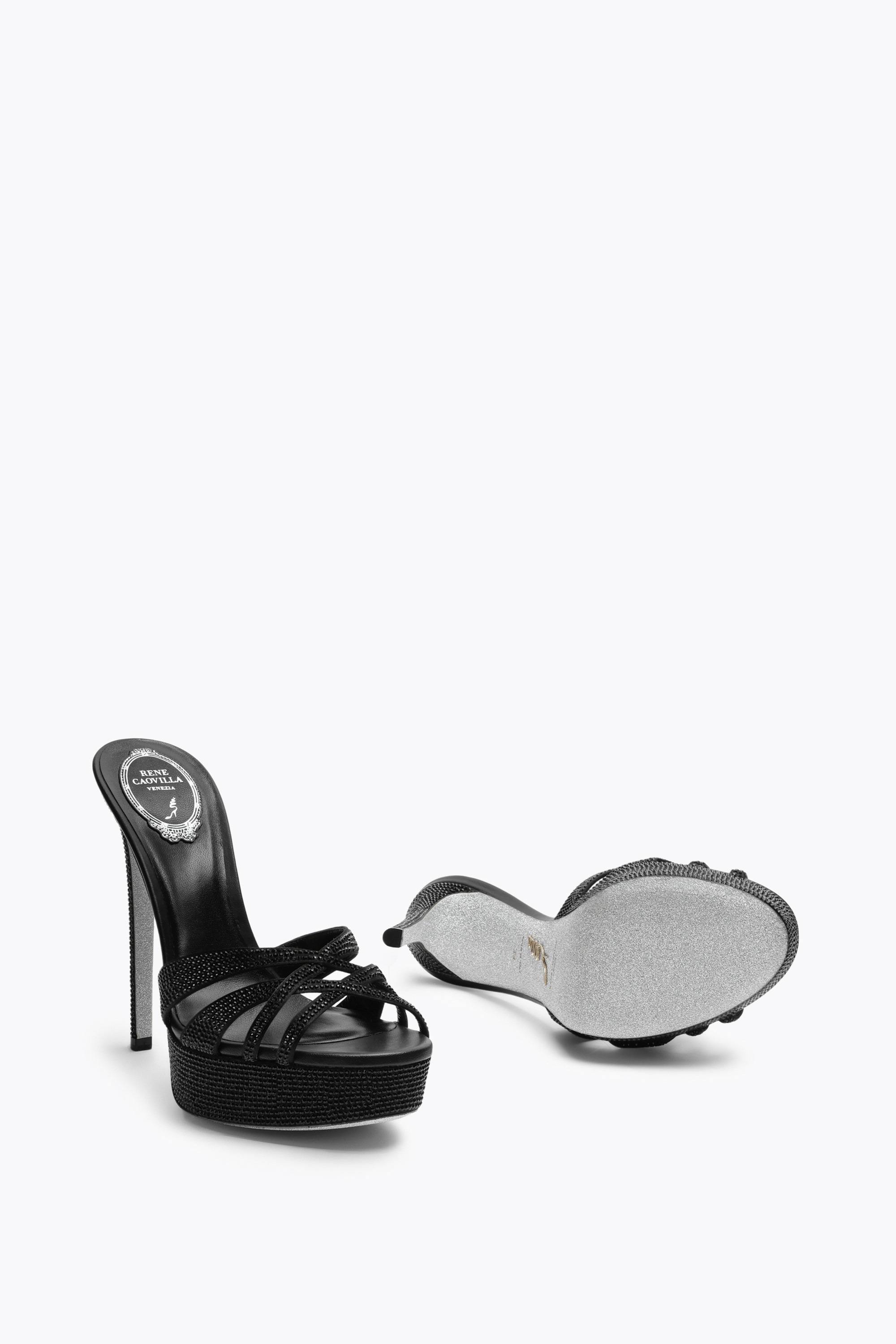 Shop René Caovilla Dania Black Platform Slider Sandal 130