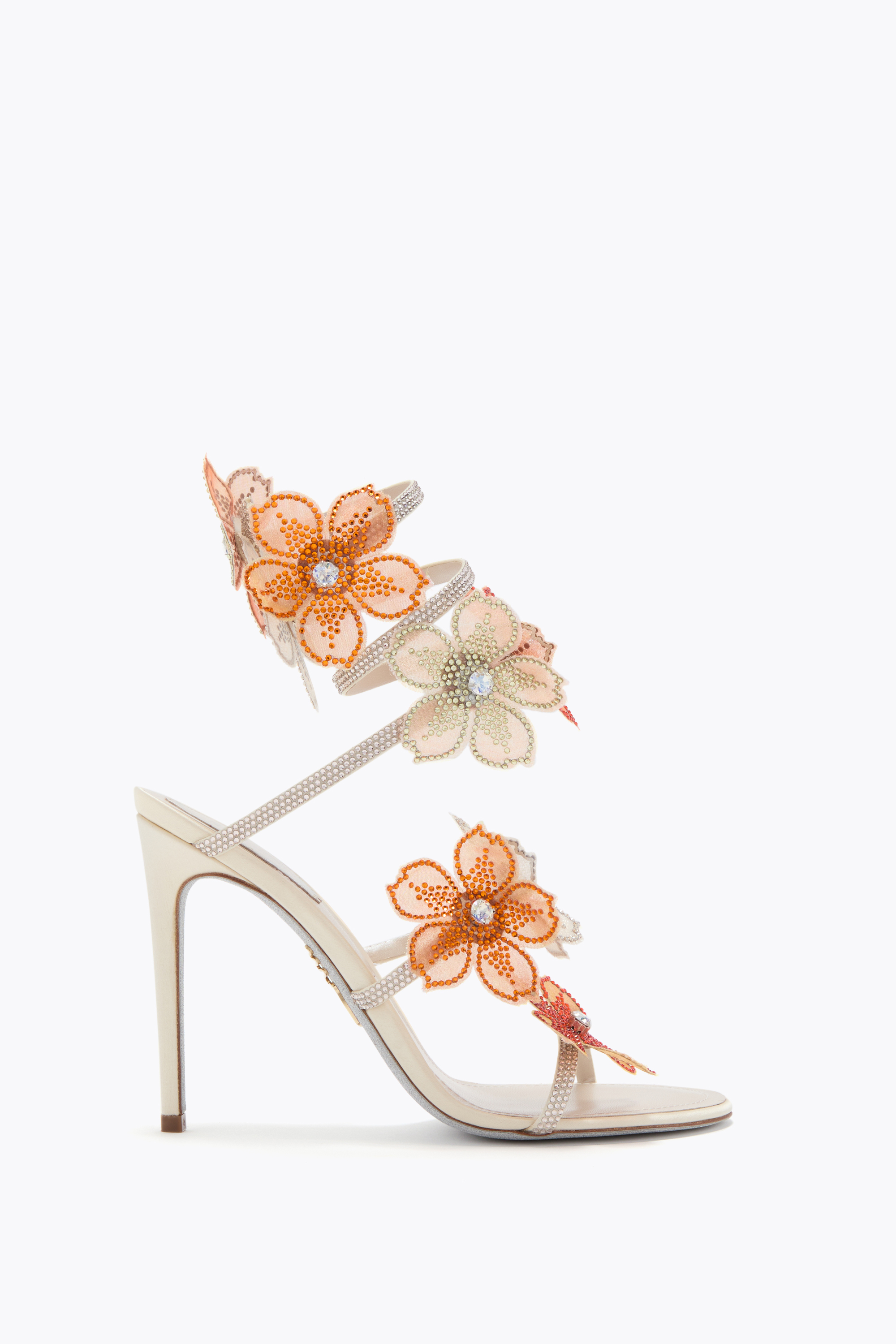 René Caovilla Peach Flower Ivory And Orange Sandal 105 In Multi